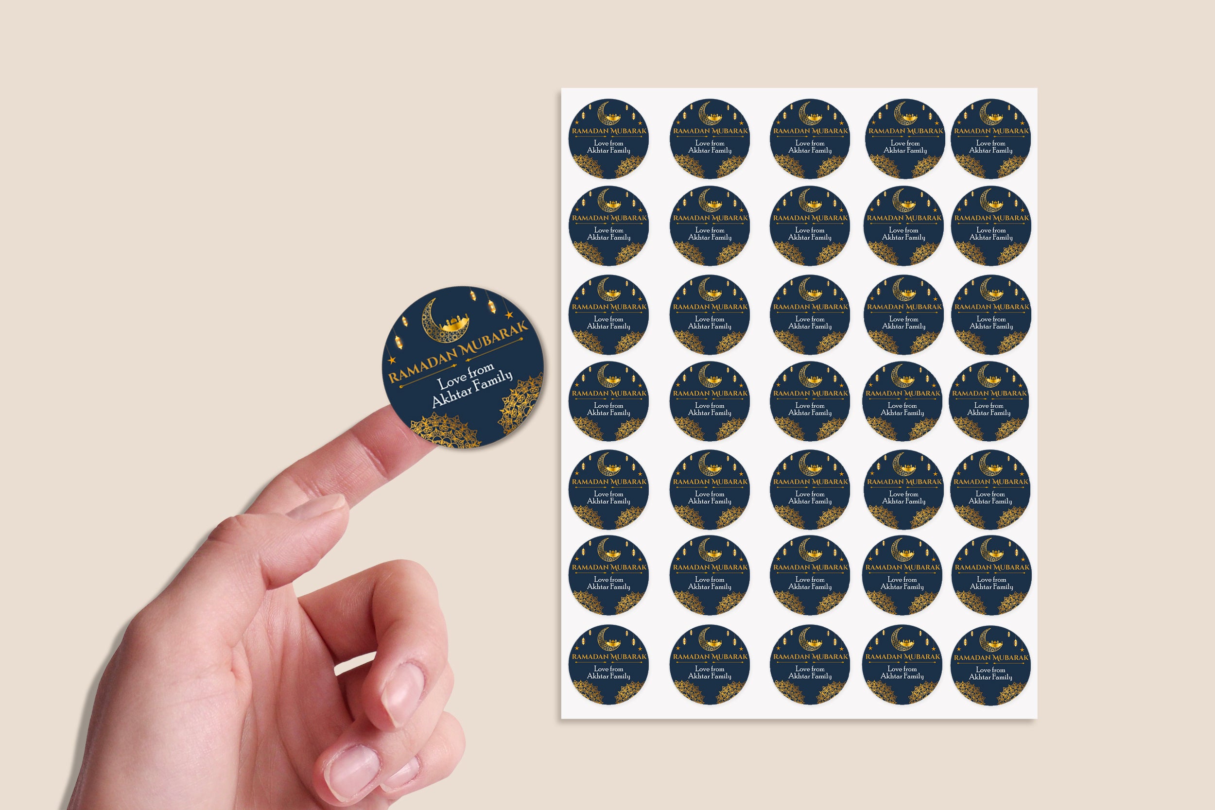 Personalised Eid Mubarak & Ramadan Kareem Celebration sticker sheet - 35 round stickers, paper Eid celebration, Eid Mubarak labels Navy