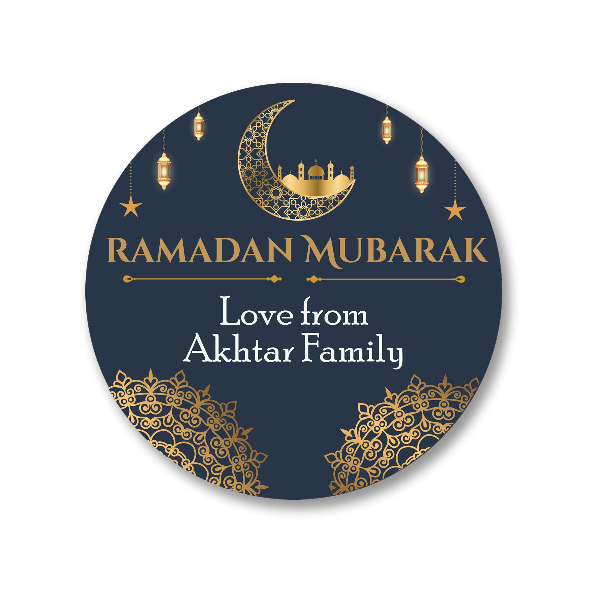 Personalised Eid Mubarak & Ramadan Kareem Celebration sticker sheet - 35 round stickers, paper Eid celebration, Eid Mubarak labels Navy