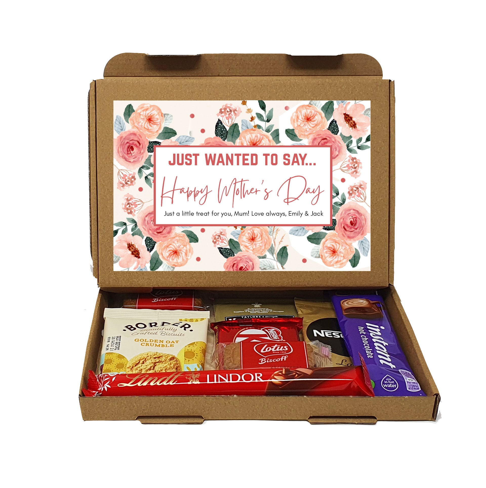 Personalised Mother's Day Pamper & Treat Box – Tea, Biscuits and Self-Care Letterbox Gift | Hug in a Box | Thinking of You Hamper - Peach Floral