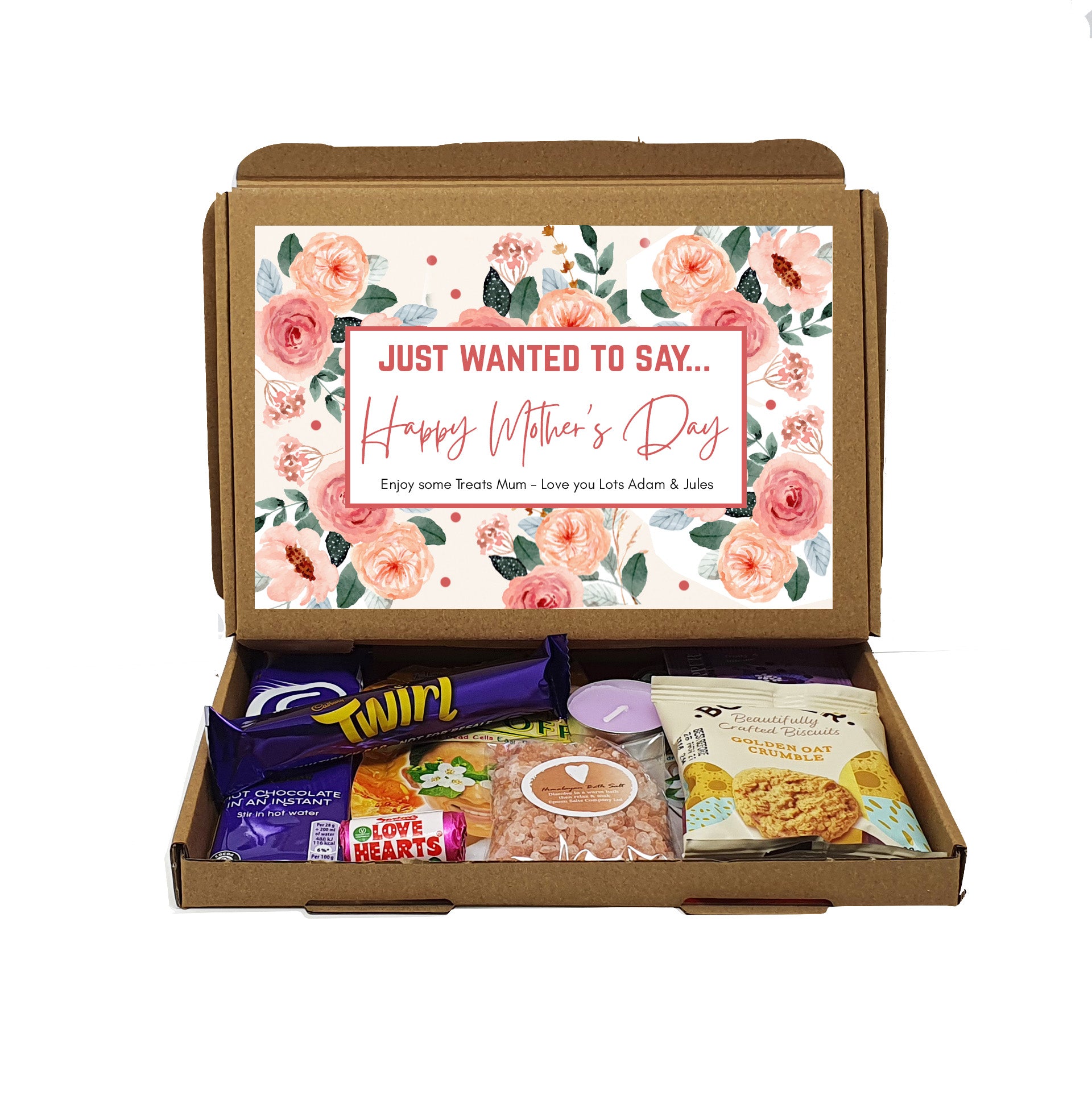 Personalised Mother's Day Pamper & Treat Box – Tea, Biscuits and Self-Care Letterbox Gift | Hug in a Box | Thinking of You Hamper - Peach Floral