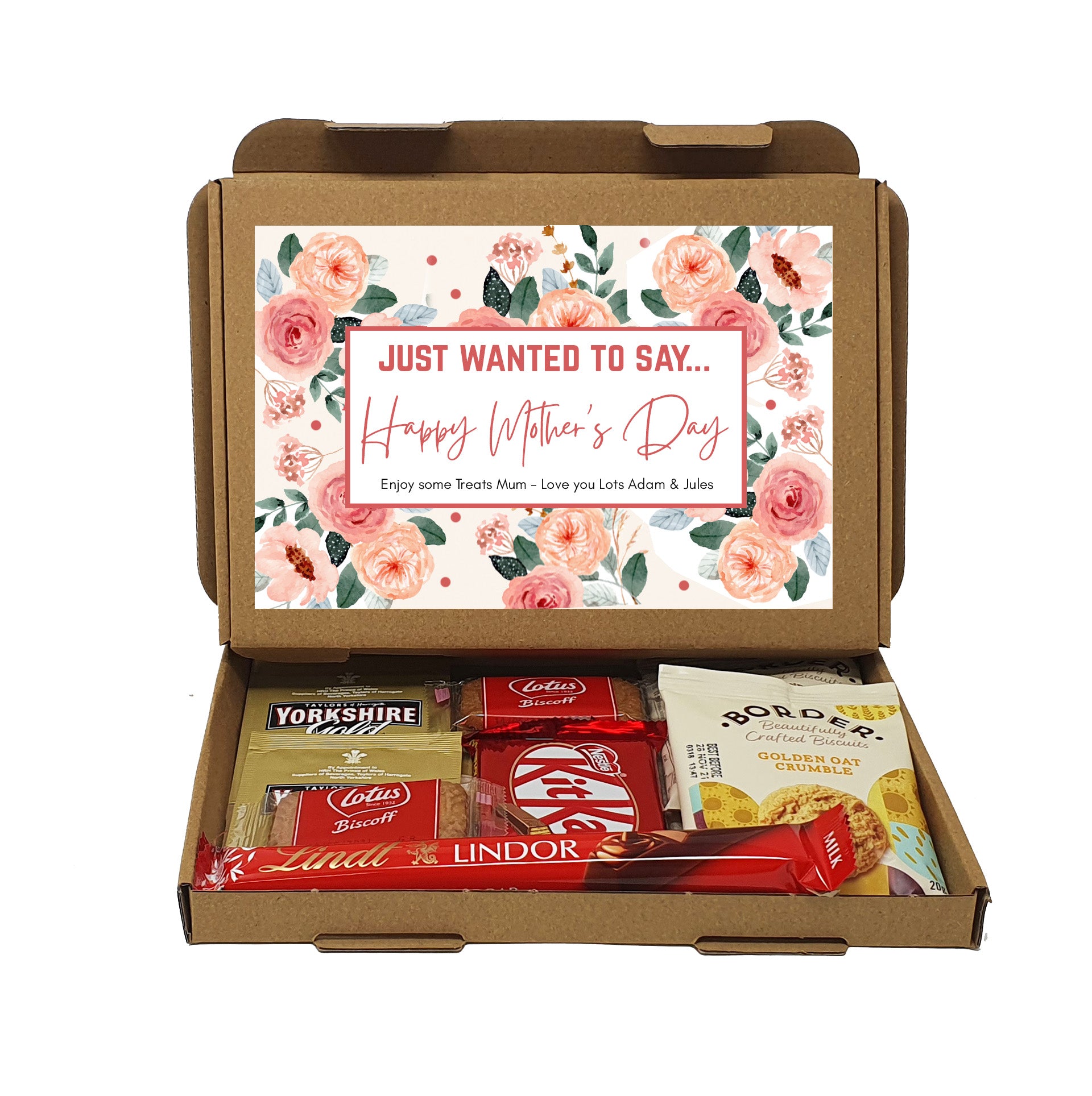 Personalised Mother's Day Pamper & Treat Box – Tea, Biscuits and Self-Care Letterbox Gift | Hug in a Box | Thinking of You Hamper - Peach Floral