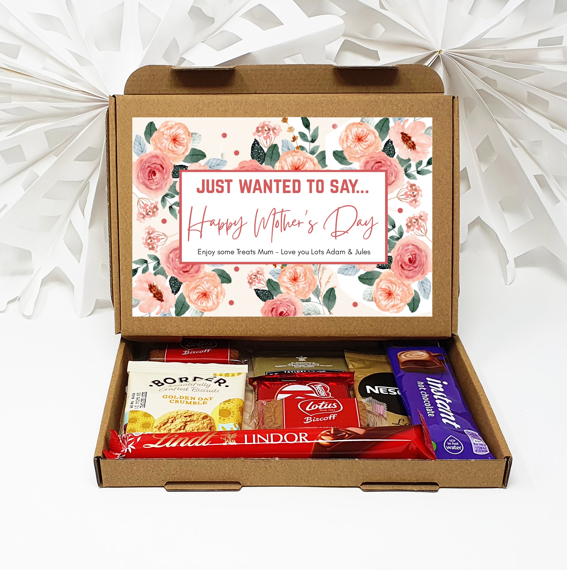 Personalised Mother's Day Pamper & Treat Box – Tea, Biscuits and Self-Care Letterbox Gift | Hug in a Box | Thinking of You Hamper - Peach Floral