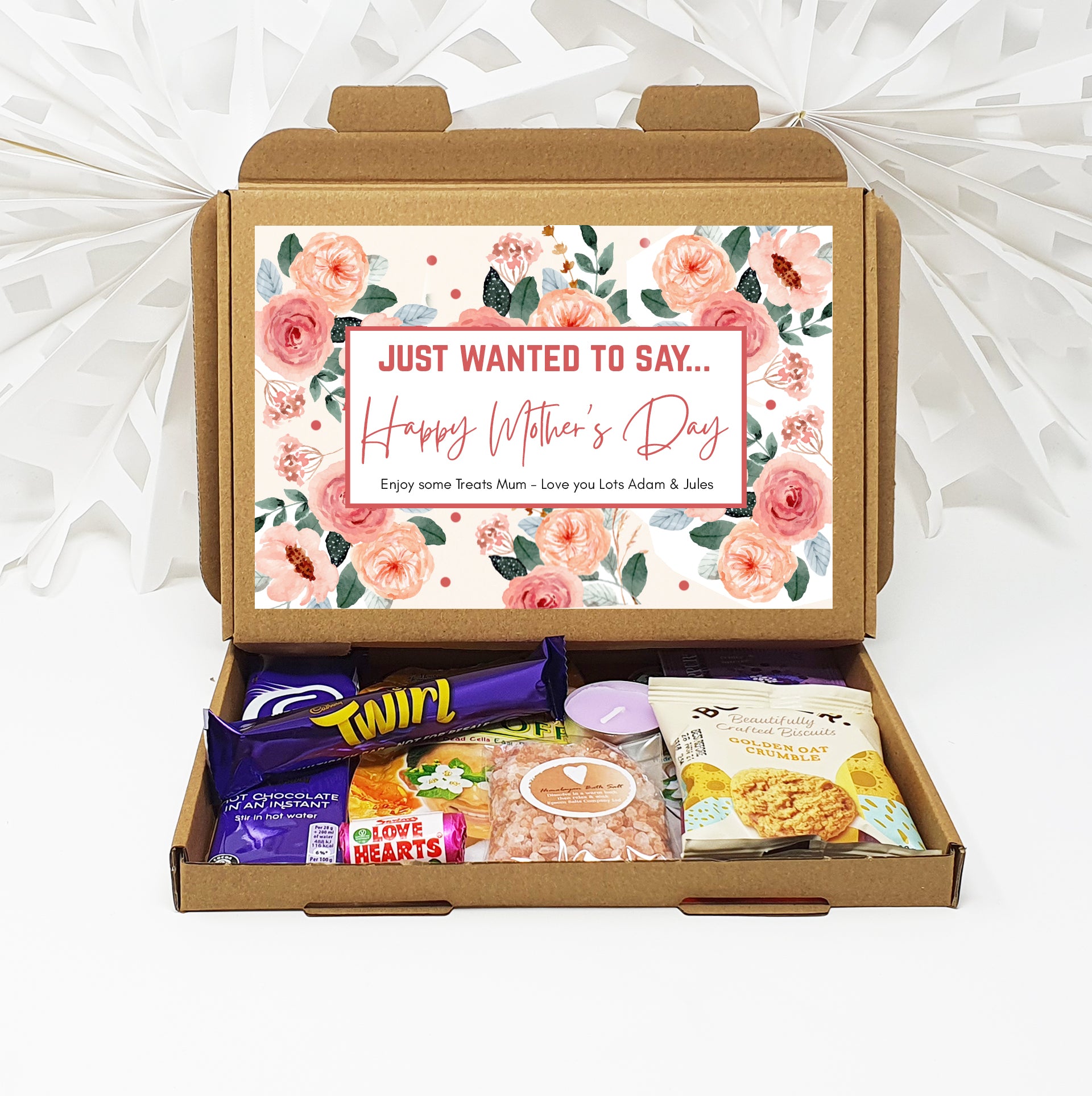 Personalised Mother's Day Pamper & Treat Box – Tea, Biscuits and Self-Care Letterbox Gift | Hug in a Box | Thinking of You Hamper - Peach Floral