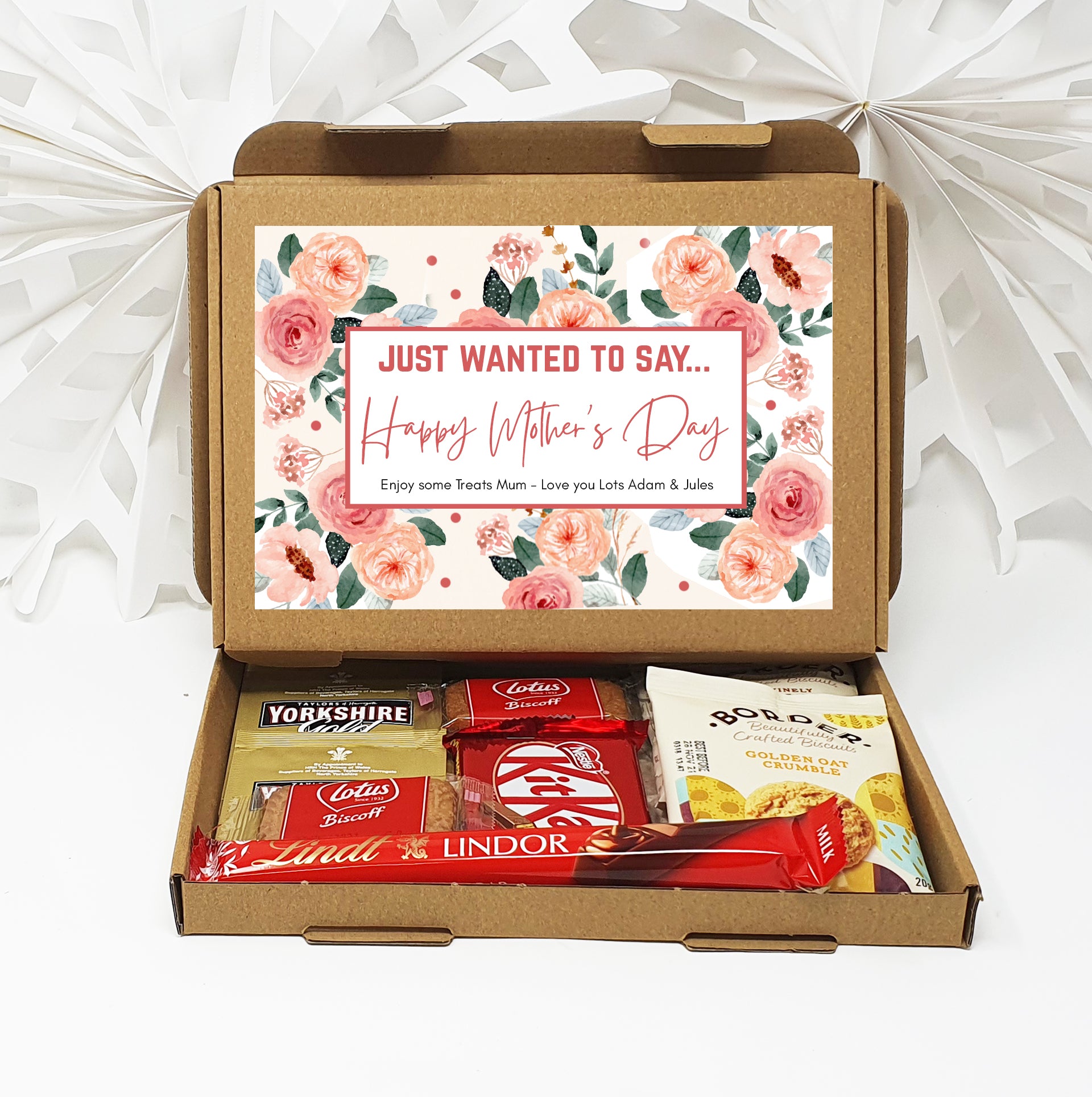 Personalised Mother's Day Pamper & Treat Box – Tea, Biscuits and Self-Care Letterbox Gift | Hug in a Box | Thinking of You Hamper - Peach Floral