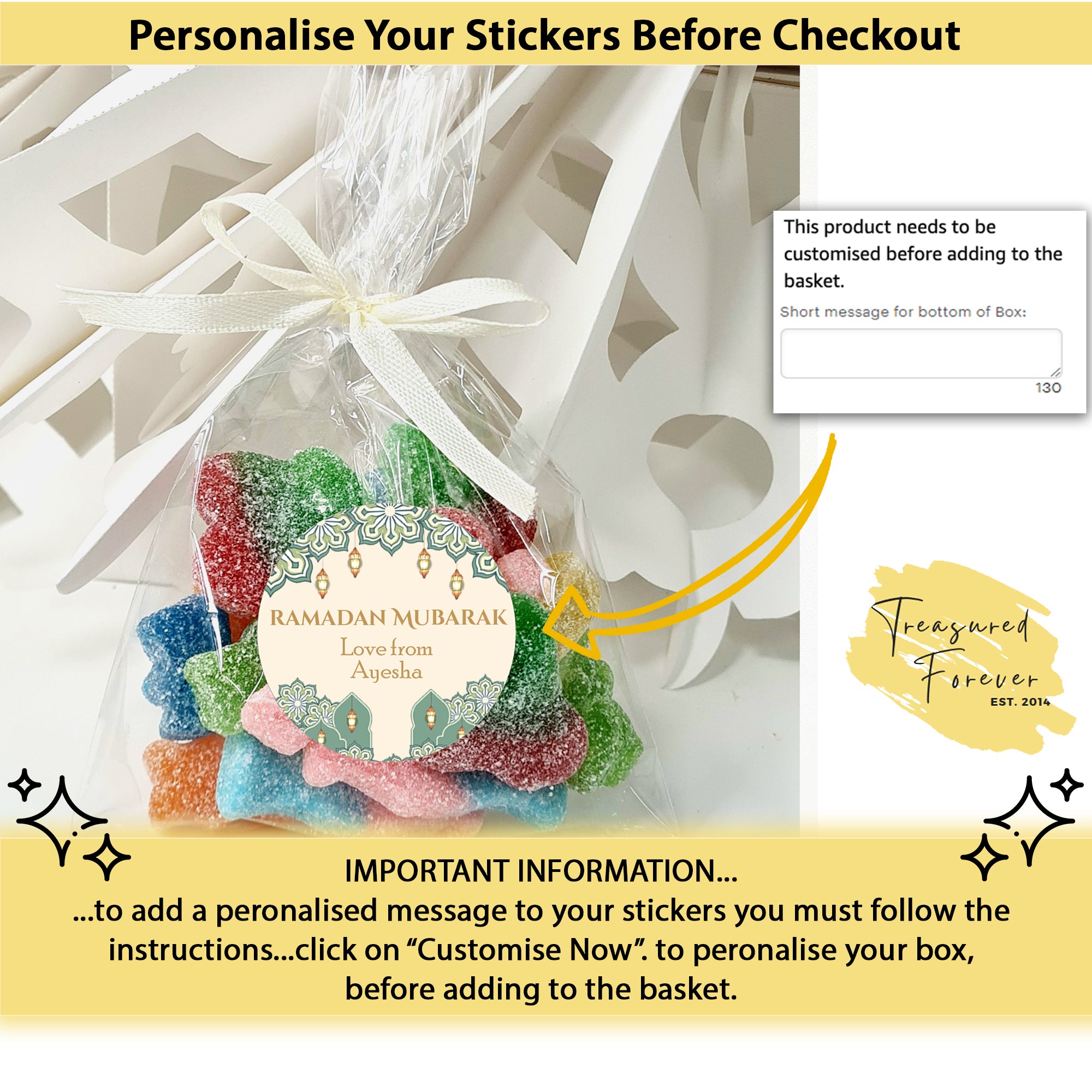Personalised Eid Mubarak Sweet bags Stickers Ramadan Mubarak Sweets | Halal Sweet Cones | Eid Sweets Party Favours | Gifts for Ramadan