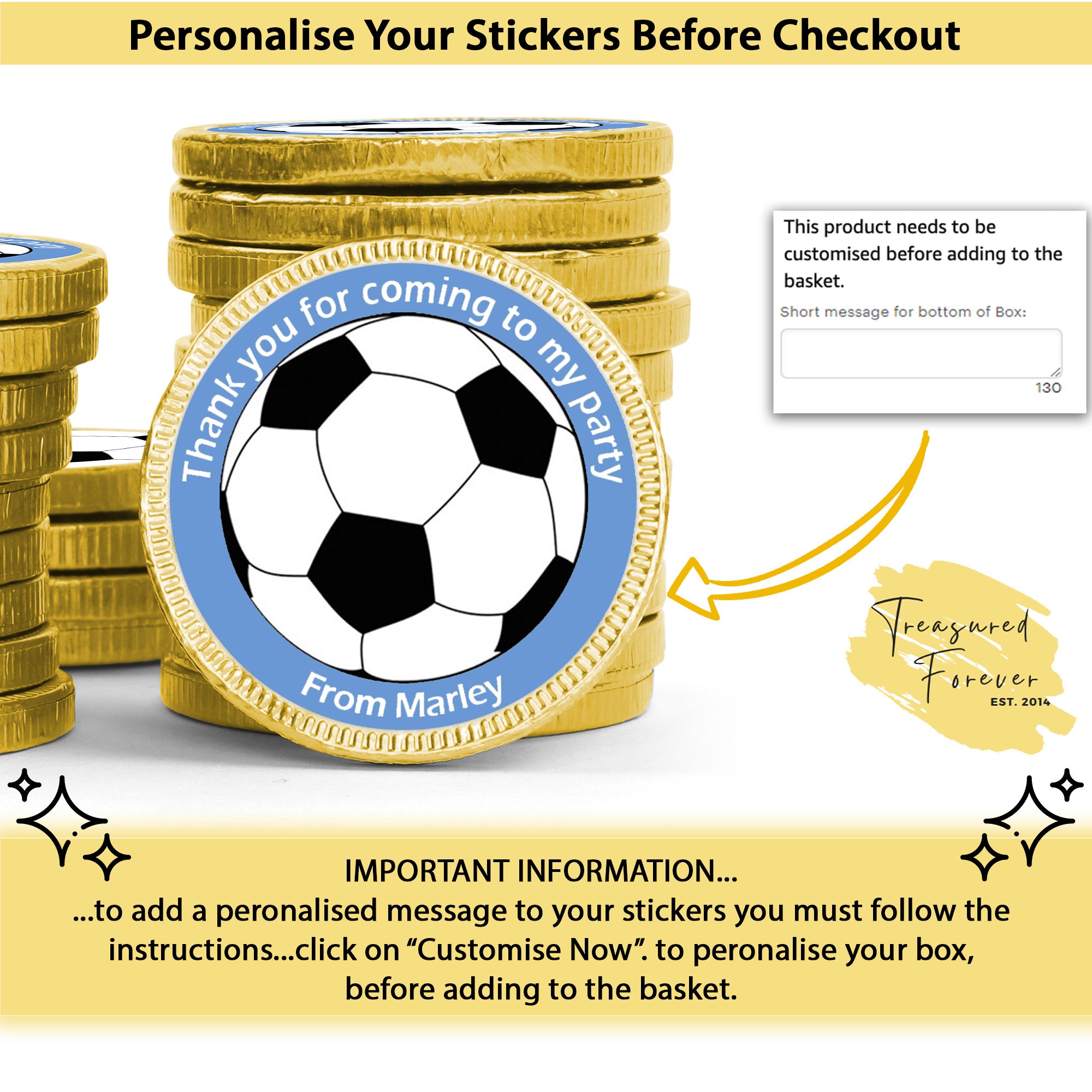 Personalised Football Birthday Chocolate Coins – Gold Foil Party Favours | Custom Name Stickers | Kids Party Bags | Bulk Options