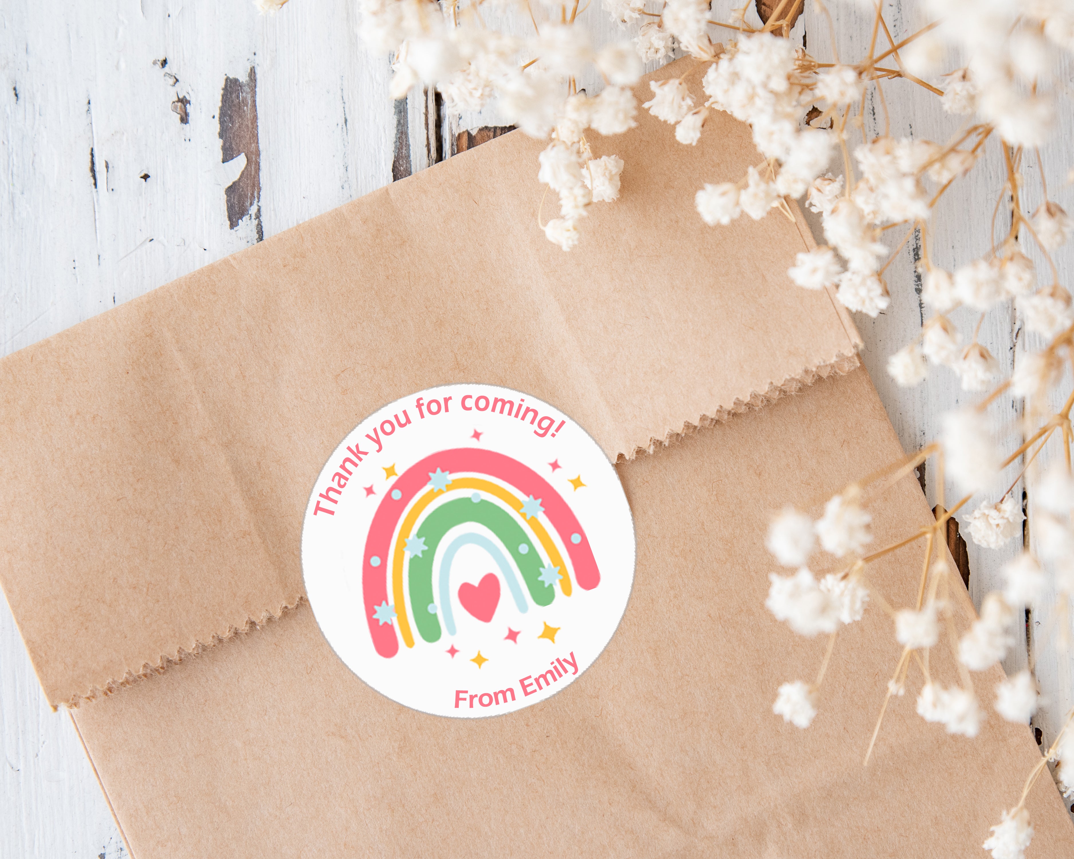 Personalised Rainbow Birthday Stickers For Party Thank You Sweet Cone Bags Favour