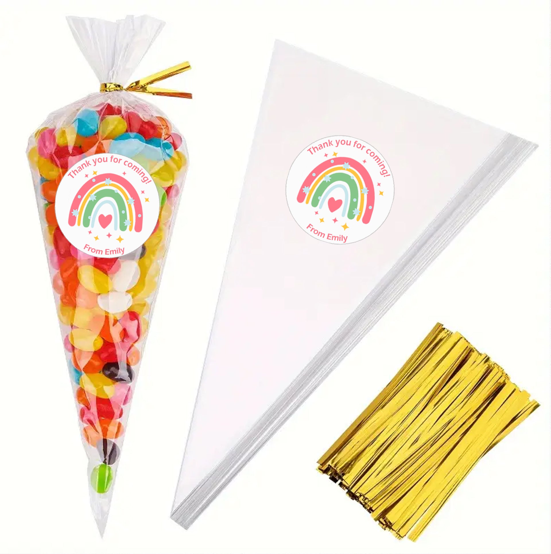 Personalised Rainbow Birthday Stickers For Party Thank You Sweet Cone Bags Favour