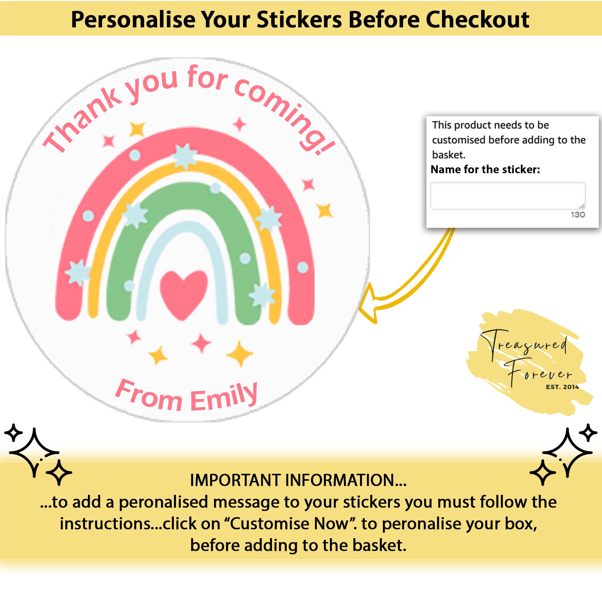 Personalised Rainbow Birthday Stickers For Party Thank You Sweet Cone Bags Favour