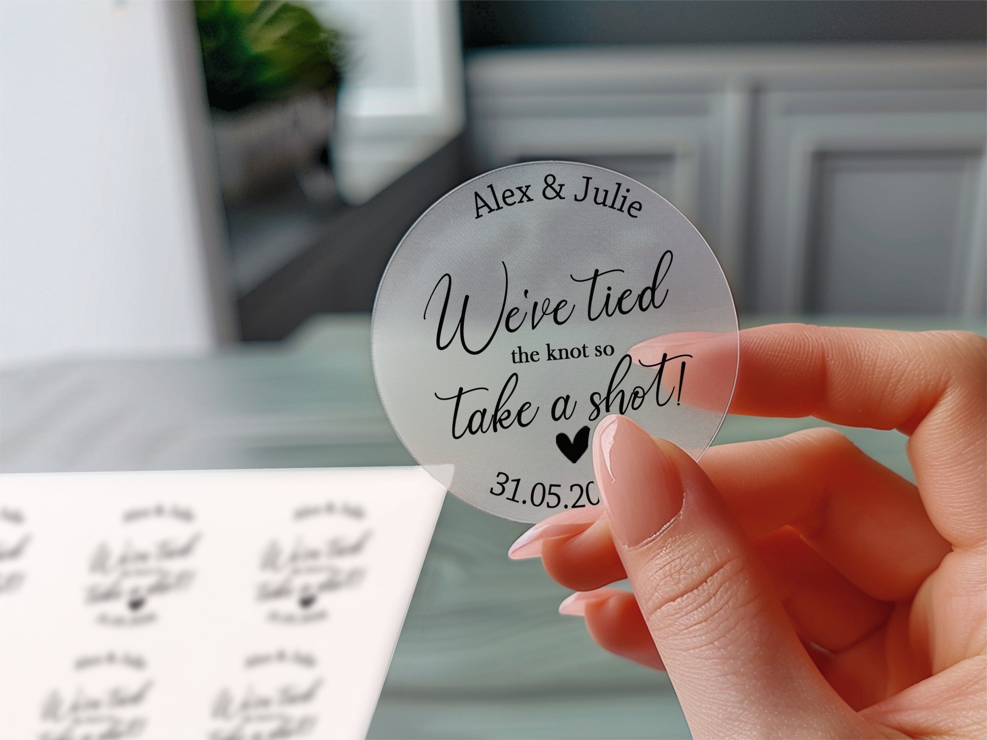 We tied the knot shot glasses custom wedding favors stickers labels, Wedding take a shot stickers, Custom shot glass labels