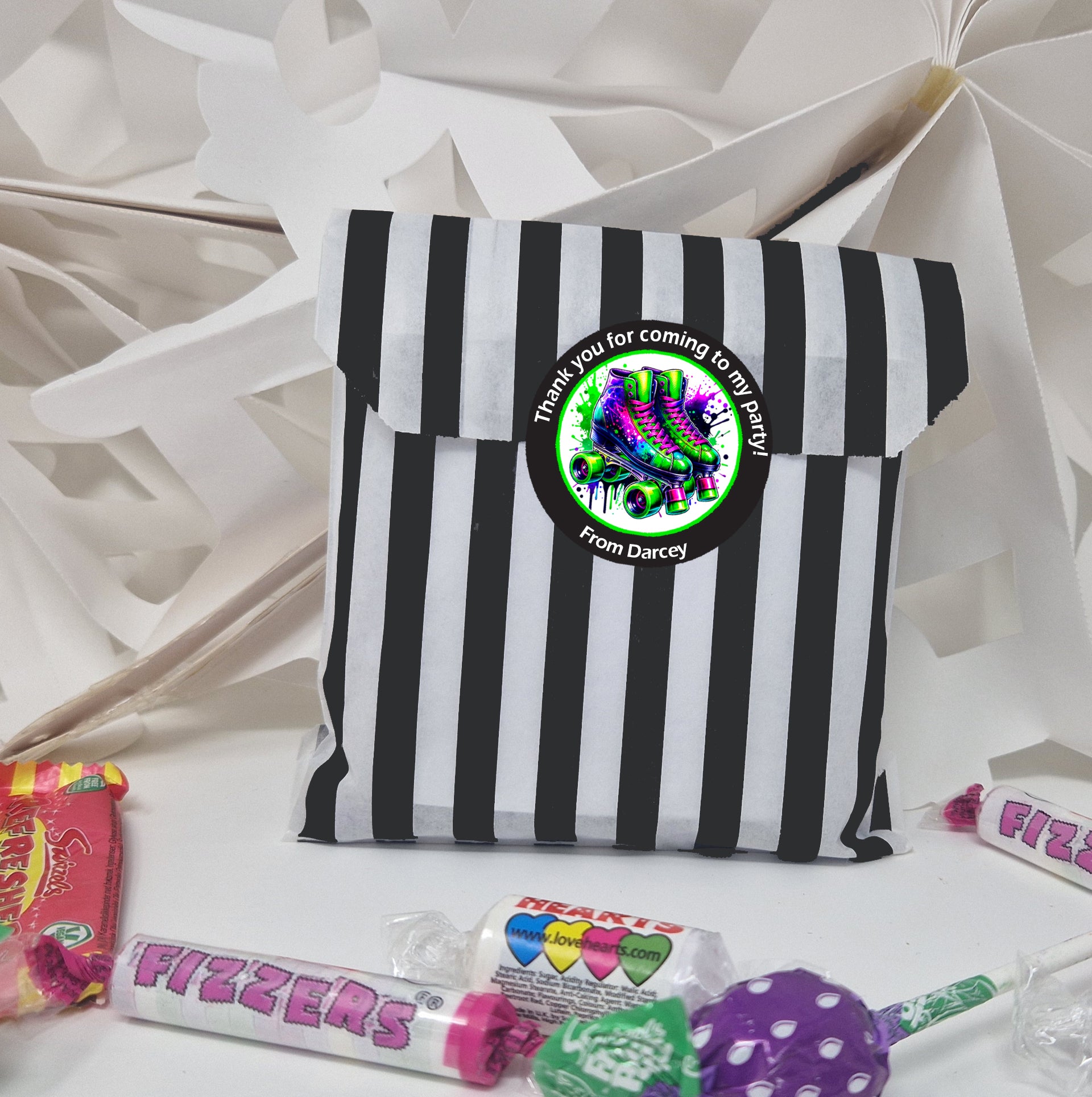 Personalised Roller Skating Party Stickers – Thank You Labels for Sweet Cones & Favour Bags