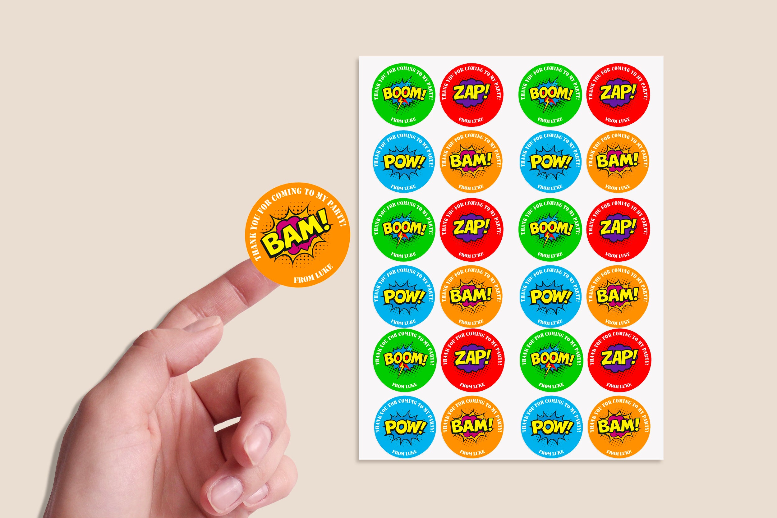 Personalised Super hero Birthday Stickers For Party Thank You Sweet Cone Bags Pow Boom