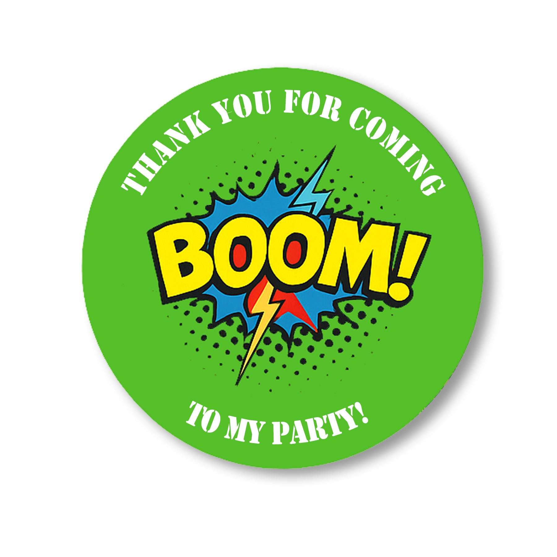 Personalised Super hero Birthday Stickers For Party Thank You Sweet Cone Bags Pow Boom