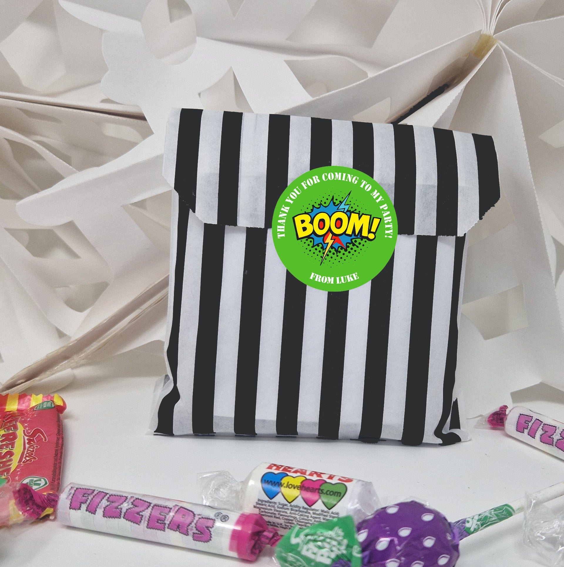 Personalised Super hero Birthday Stickers For Party Thank You Sweet Cone Bags Pow Boom