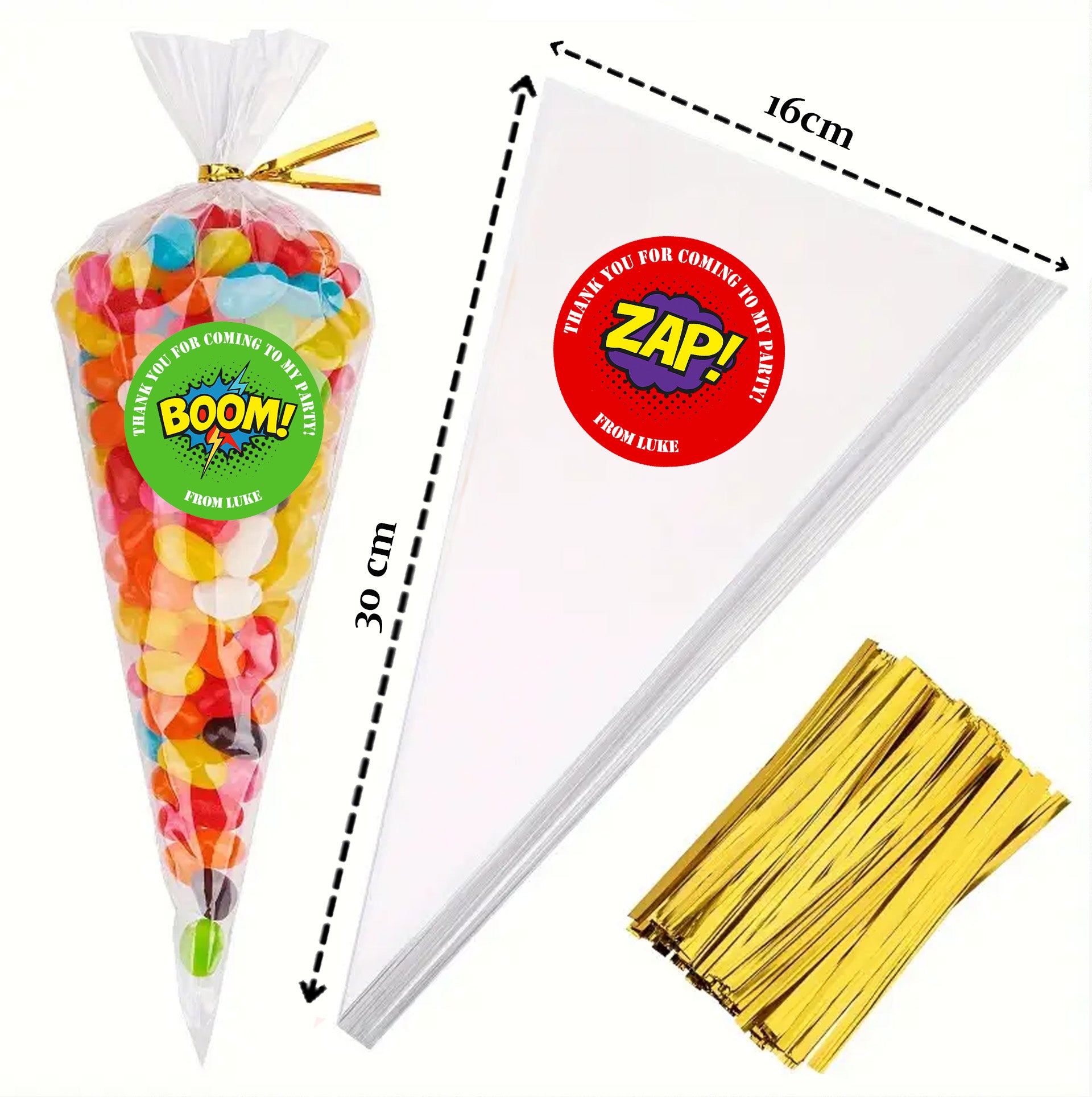 Personalised Super hero Birthday Stickers For Party Thank You Sweet Cone Bags Pow Boom