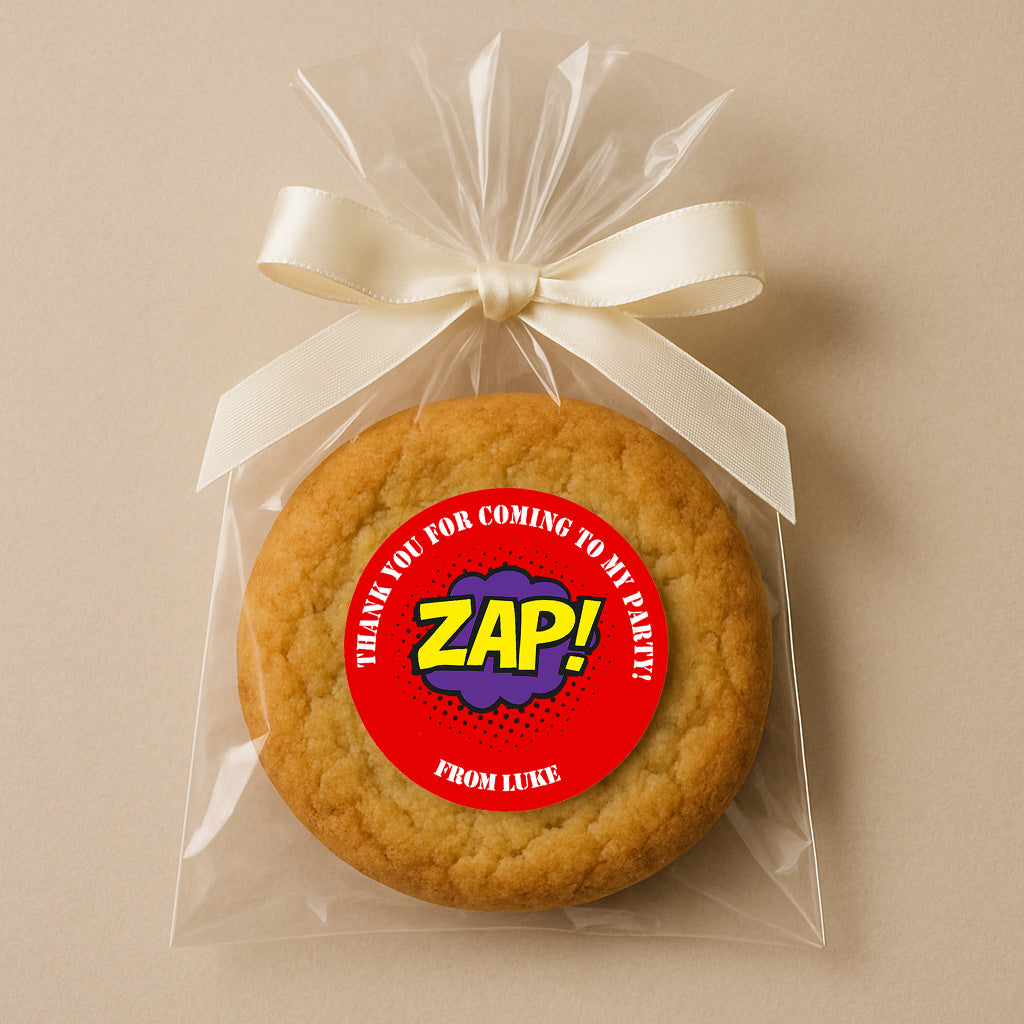 Personalised Super hero Birthday Stickers For Party Thank You Sweet Cone Bags Pow Boom
