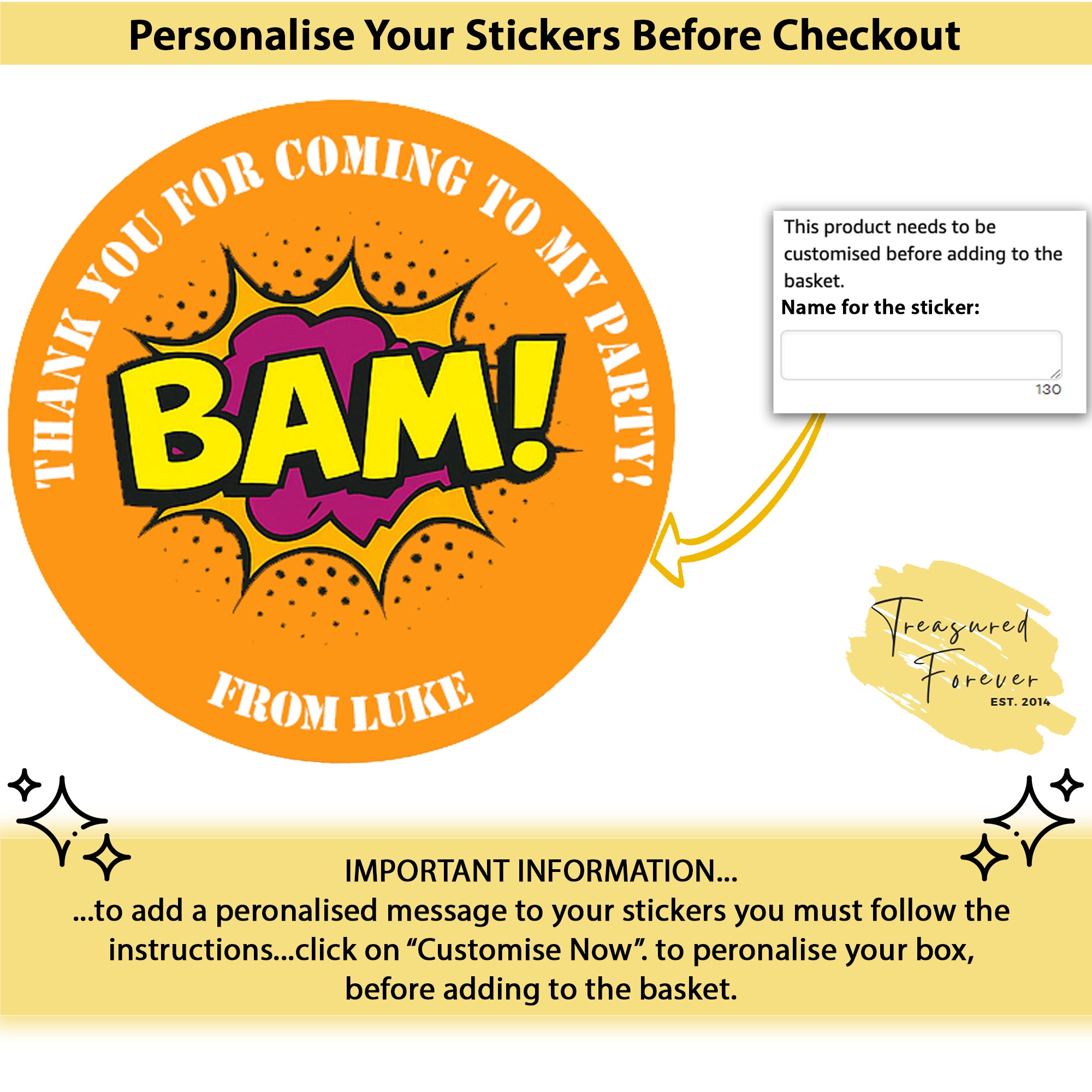 Personalised Super hero Birthday Stickers For Party Thank You Sweet Cone Bags Pow Boom
