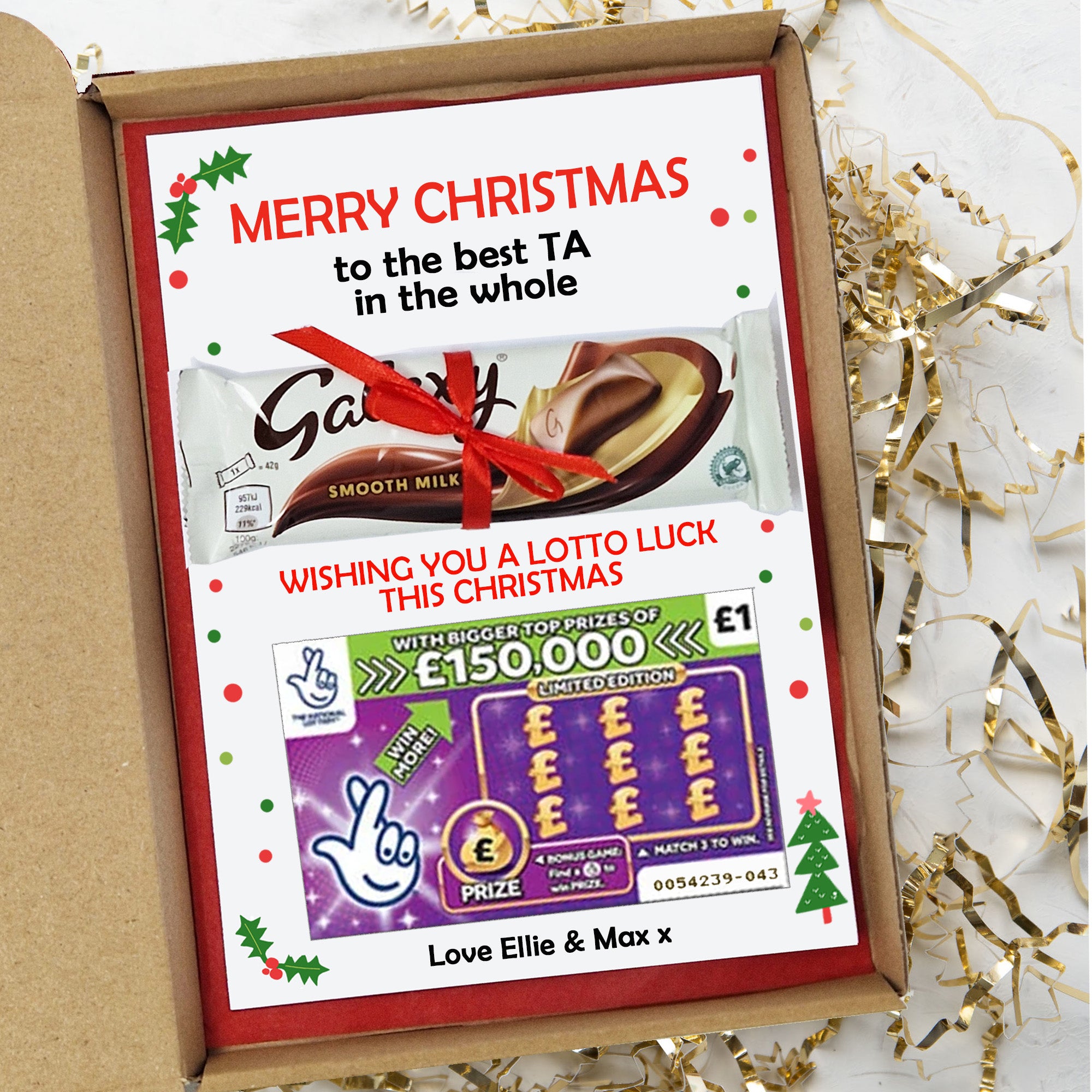 Personalised Christmas Card Gift Box – Galaxy Chocolate & Lotto Lottery Scratchcard Unique gift Present for all ages Him/Her