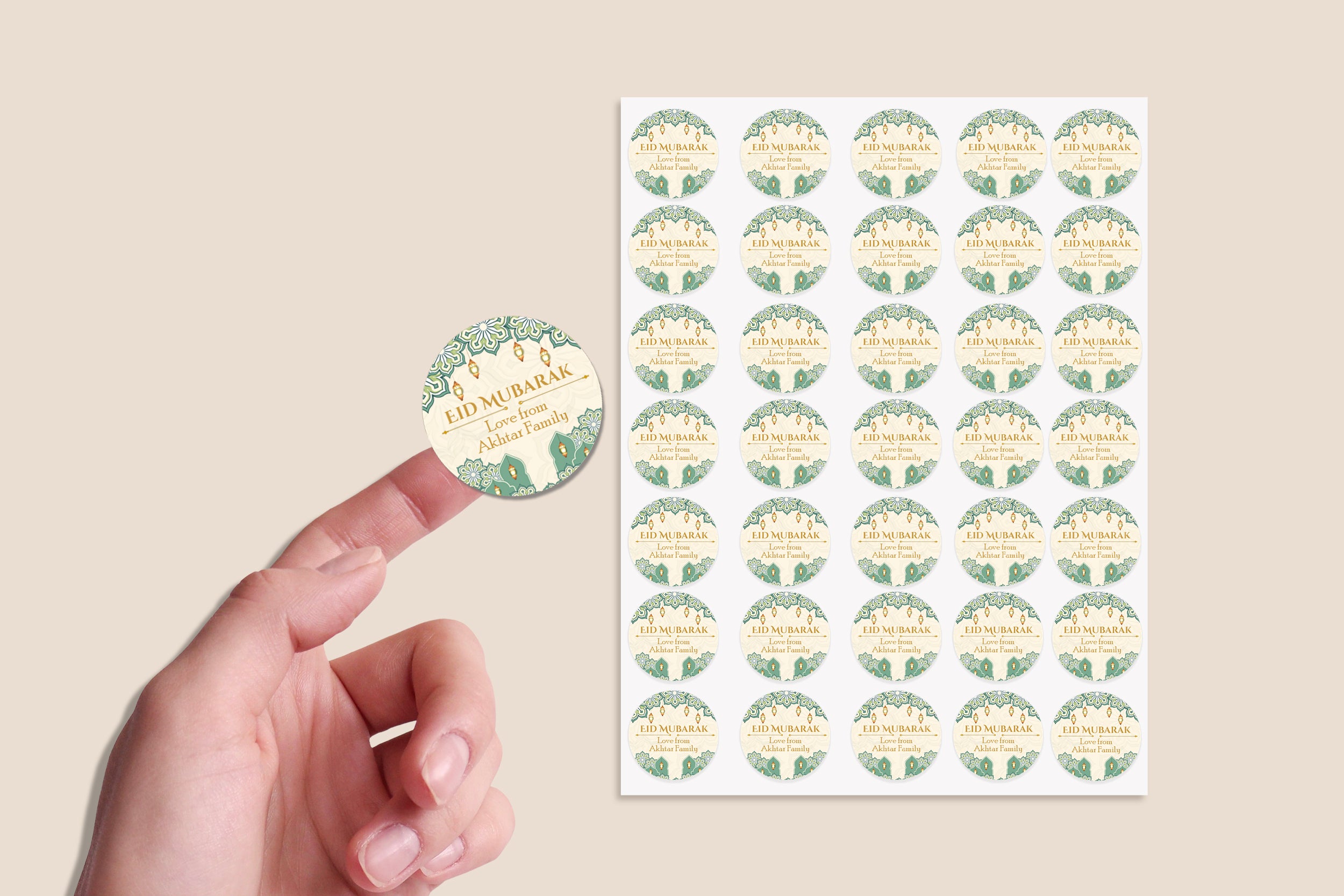 Personalised Eid Mubarak & Ramadan Kareem Celebration sticker sheet - 35 round stickers, paper eid celebration stickers, Eid Mubarak labels