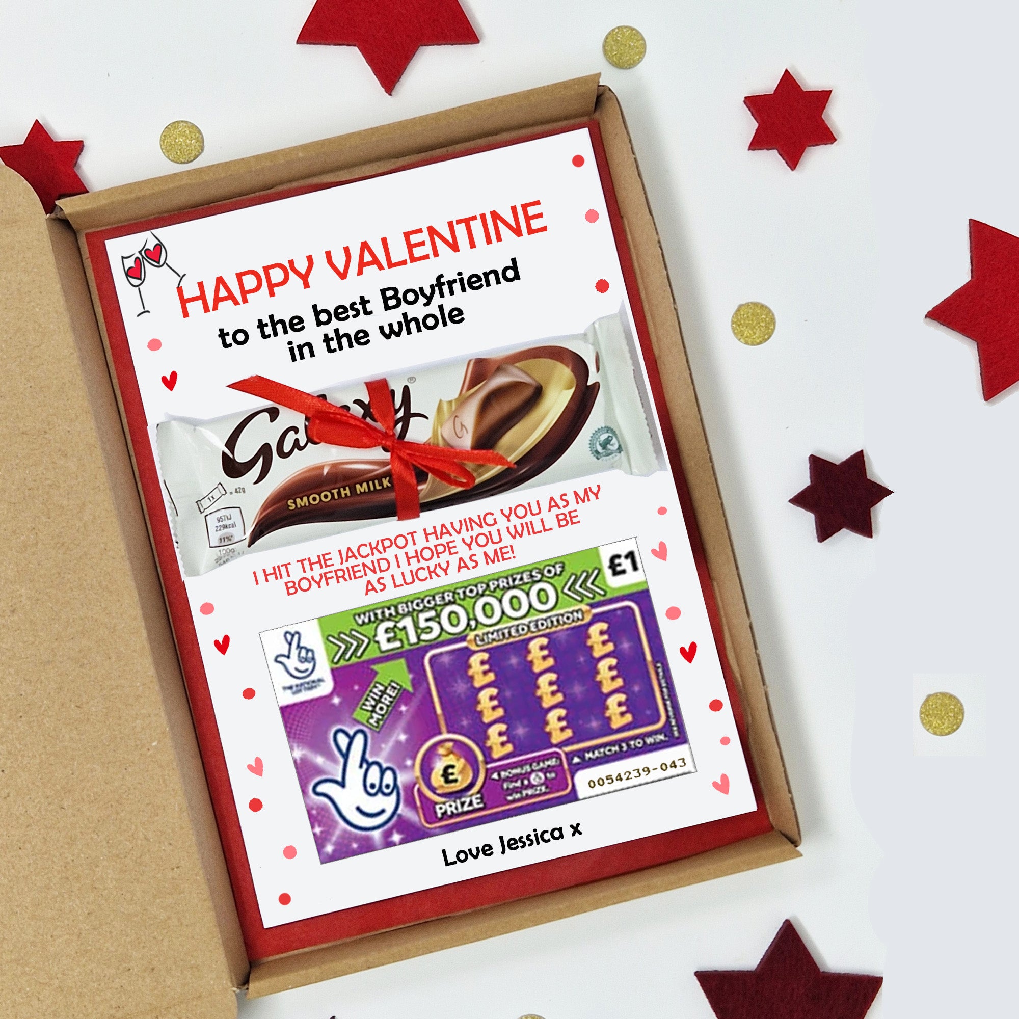 Personalised Valentine Card Gift Box – Galaxy Chocolate & Lotto Lottery Scratchcard Unique gift Present for all ages Him/Her
