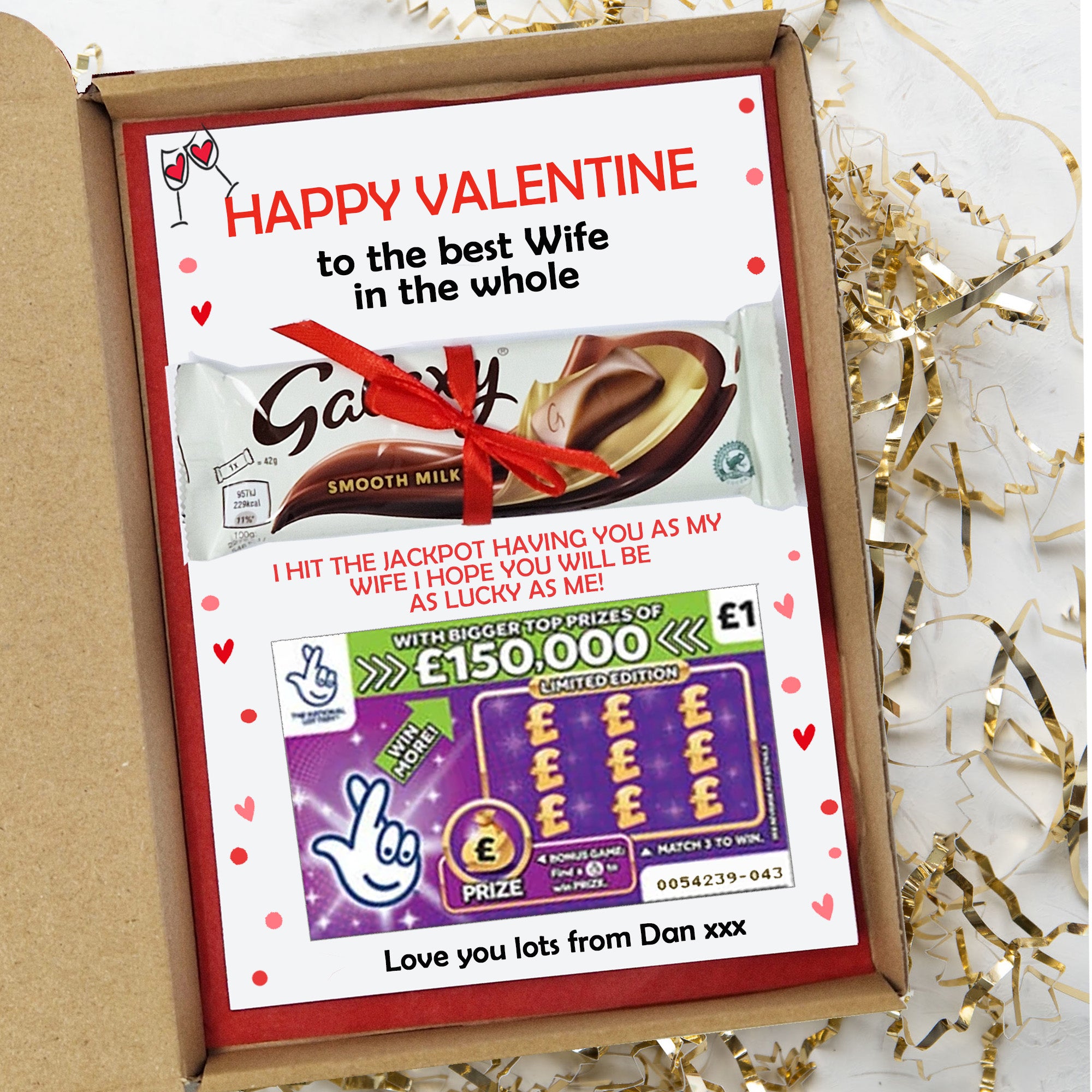 Personalised Valentine Card Gift Box – Galaxy Chocolate & Lotto Lottery Scratchcard Unique gift Present for all ages Him/Her