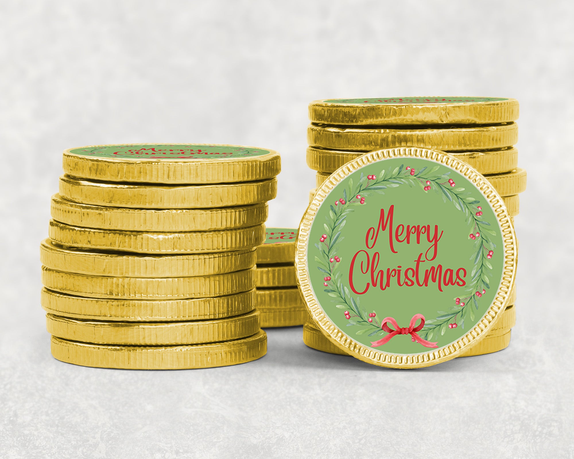 Merry Christmas Chocolate Coins & Sticker Party Favors Kids Party Bag Fillers Festive Holiday Treats Bulk Option Santa gifts Stocking Wreath