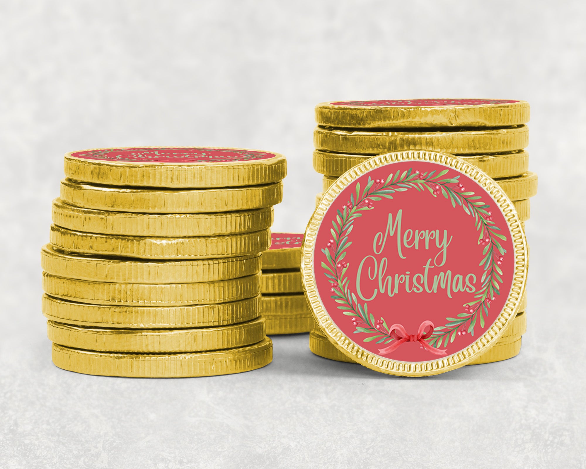 Merry Christmas Chocolate Coins & Sticker Party Favors Kids Party Bag Fillers Festive Holiday Treats Bulk Option Santa gifts Stocking Wreath