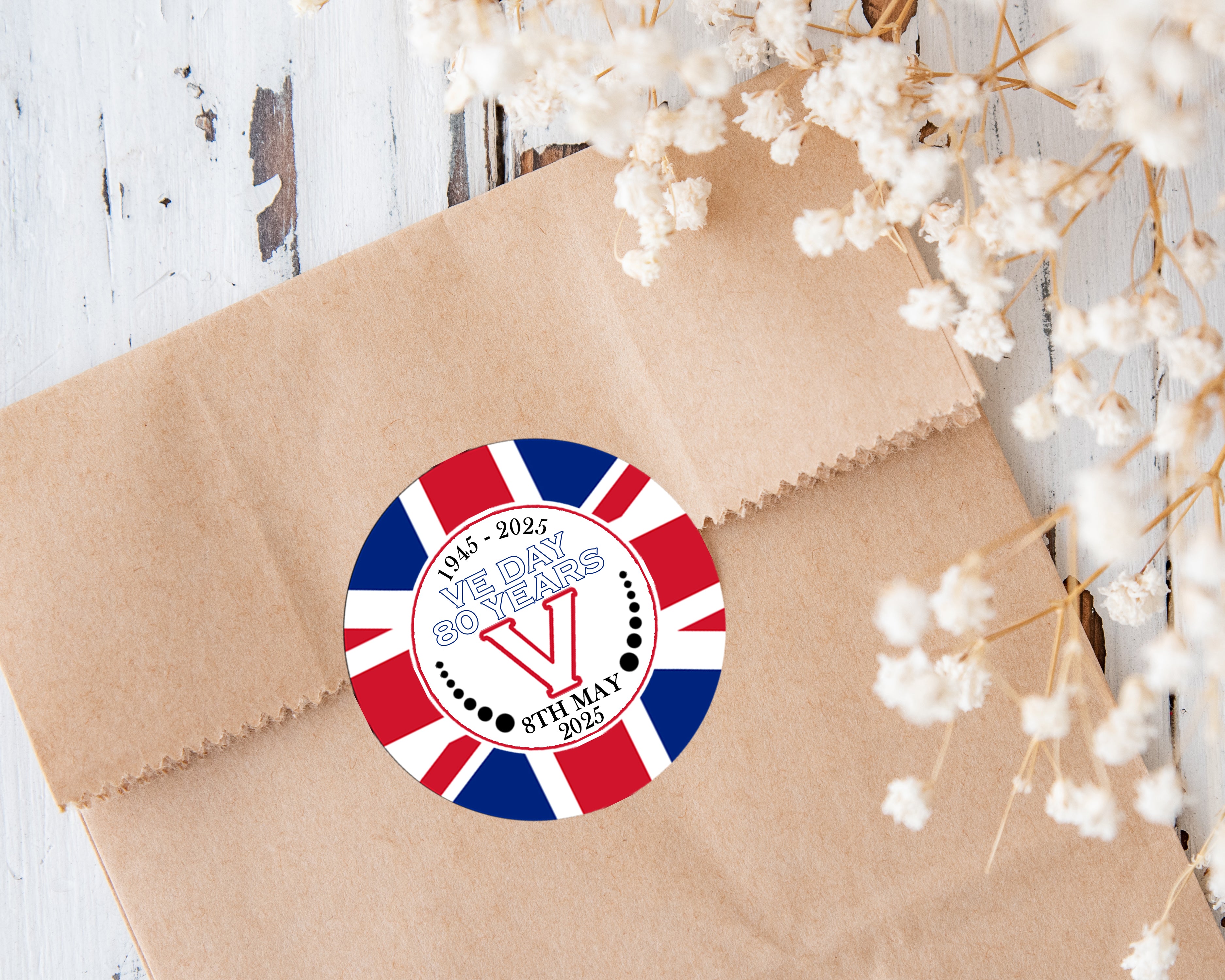 VE Day 80 Years Celebration Sticker Sheet perfect for street parties! VE Day Party Decor Sizes 4.5cm / 3.7cm