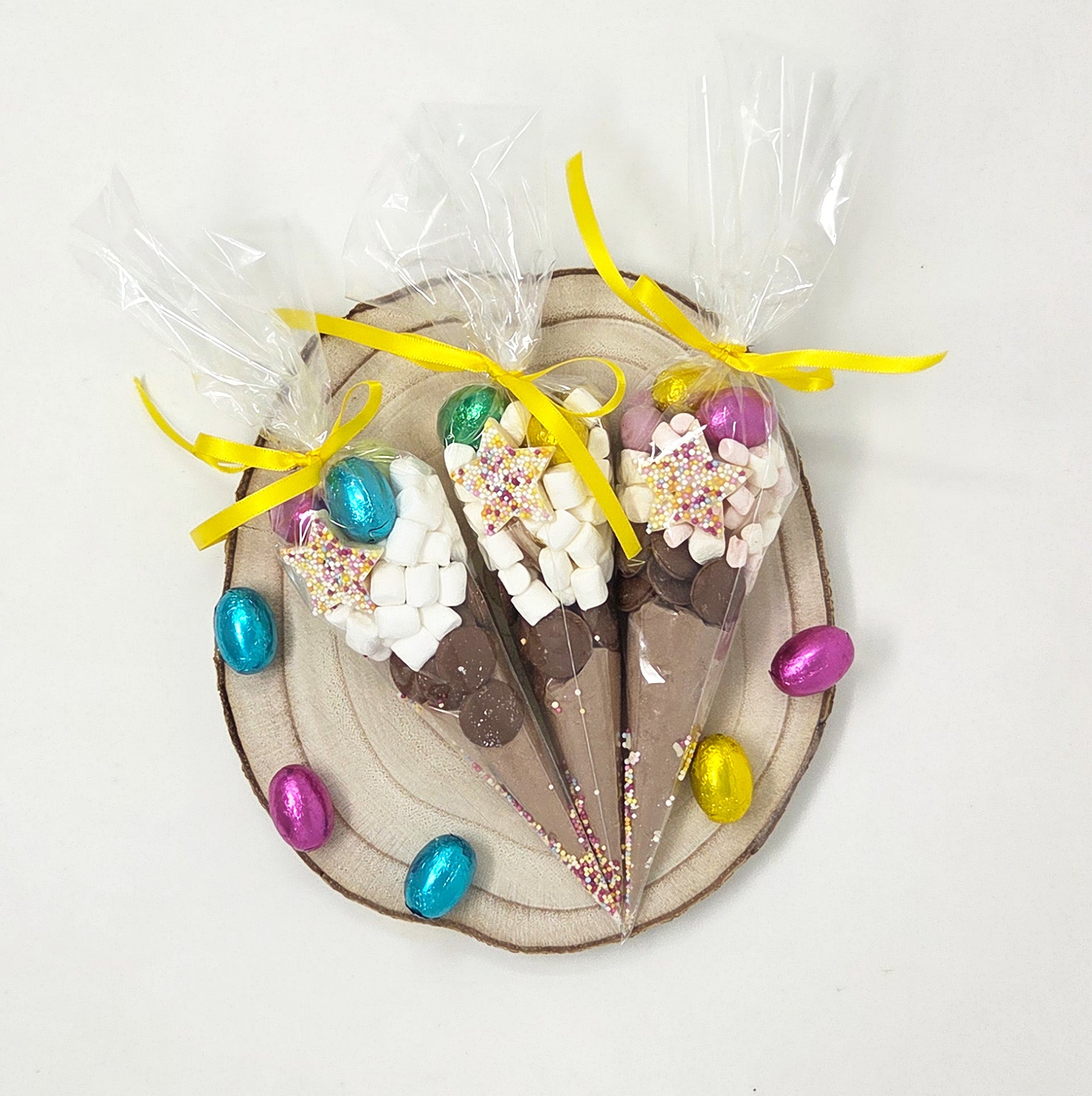 Easter Hot Chocolate Cone with Mini Eggs & Marshmallows | Easter Basket Filler | Easter Treat Gift | Kids Easter Party Favor | Yellow Ribbon