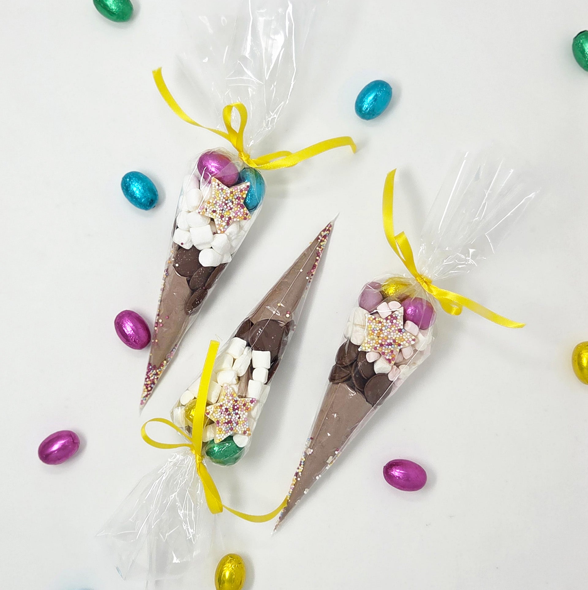Easter Hot Chocolate Cone with Mini Eggs & Marshmallows | Easter Basket Filler | Easter Treat Gift | Kids Easter Party Favor | Yellow Ribbon