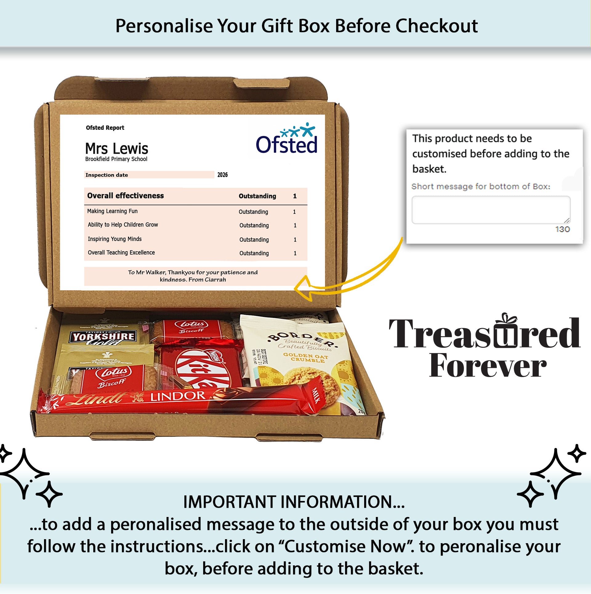 Personalised Teacher Thank You Gift Box – Ofsted-Style Report Hug in a box, Letterbox gift Afternoon tea, hamper gift, thank you chocolates and other options