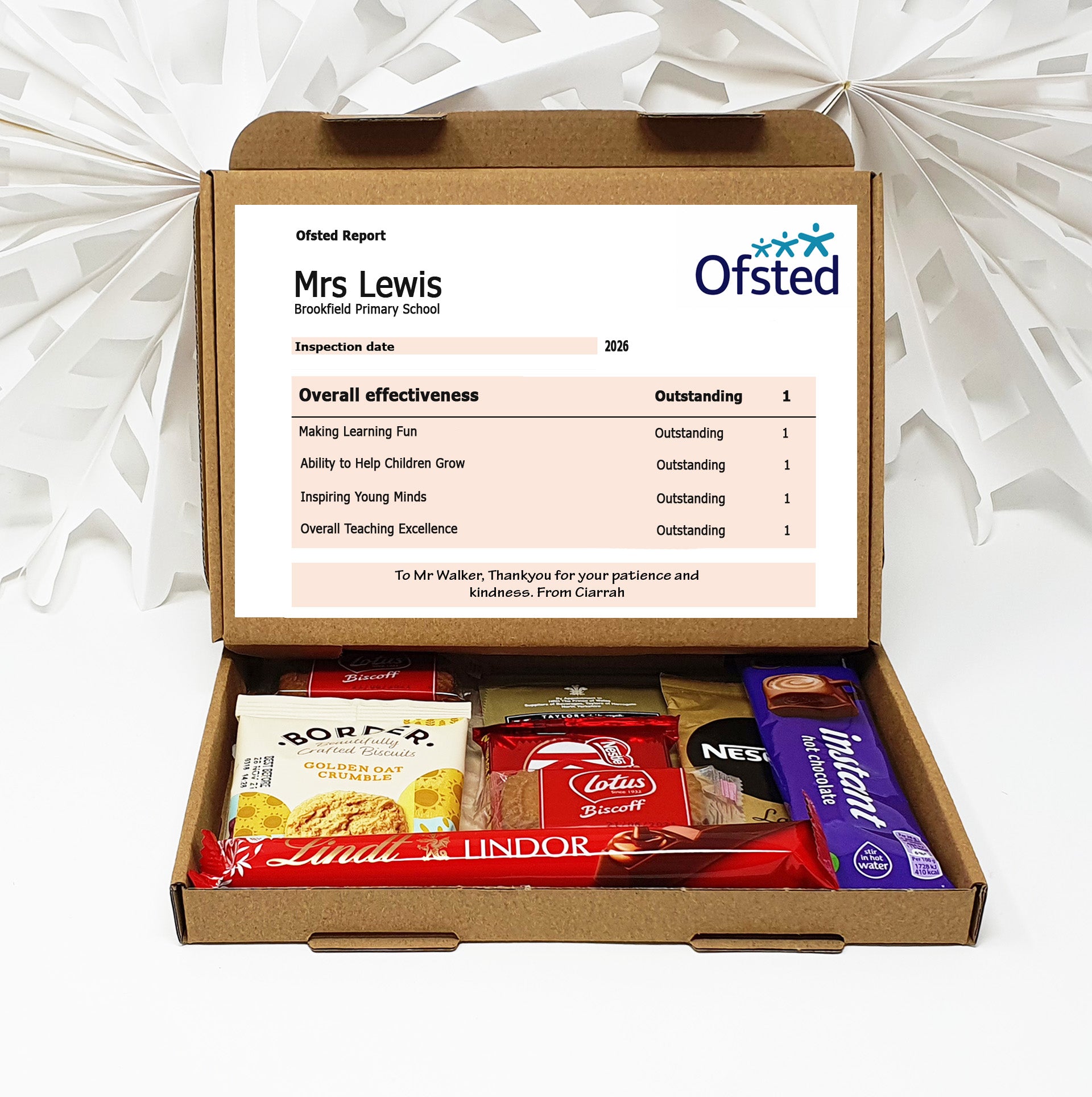 Personalised Teacher Thank You Gift Box – Ofsted-Style Report Hug in a box, Letterbox gift Afternoon tea, hamper gift, thank you chocolates and other options
