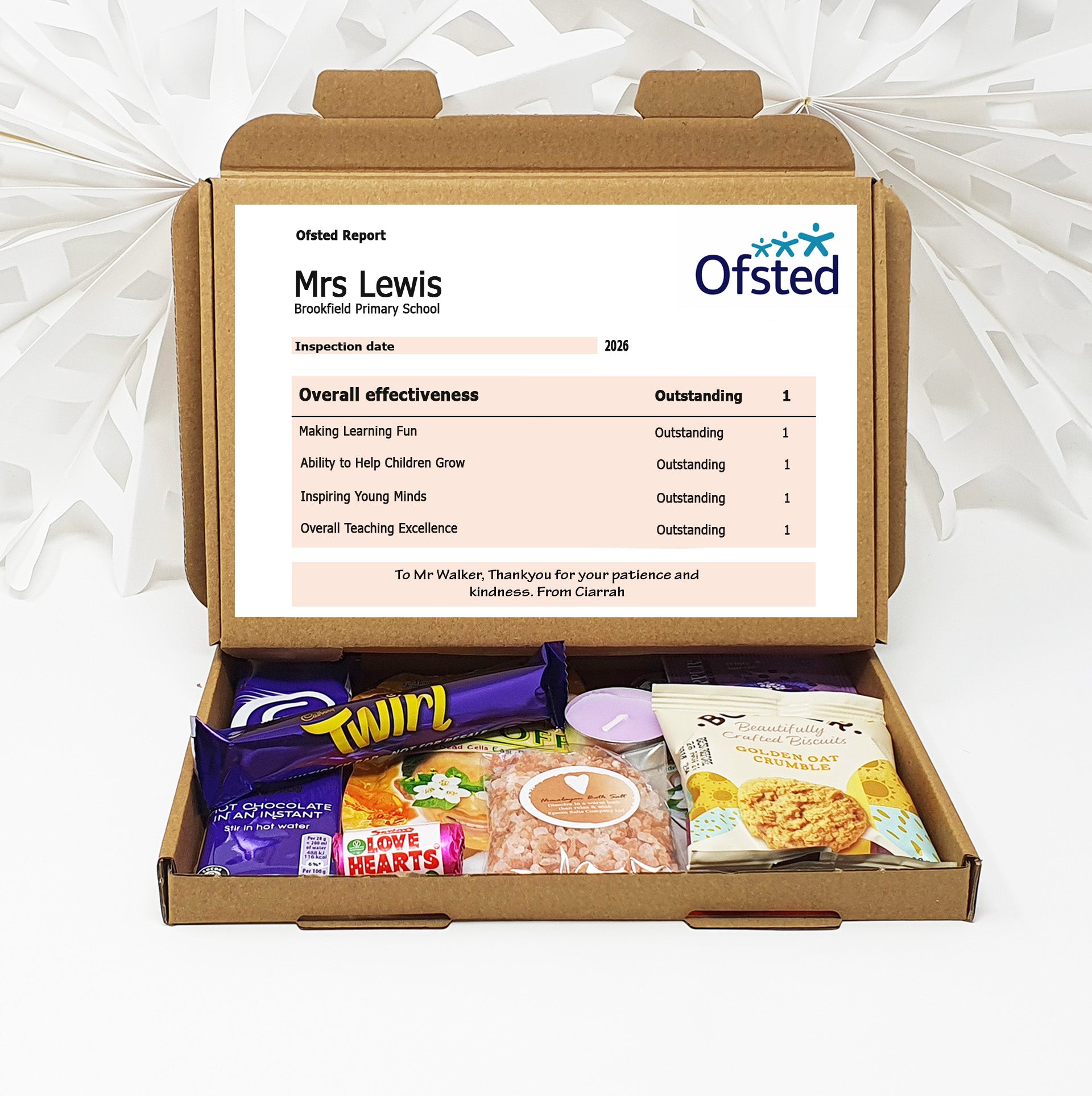 Personalised Teacher Thank You Gift Box – Ofsted-Style Report Hug in a box, Letterbox gift Afternoon tea, hamper gift, thank you chocolates and other options