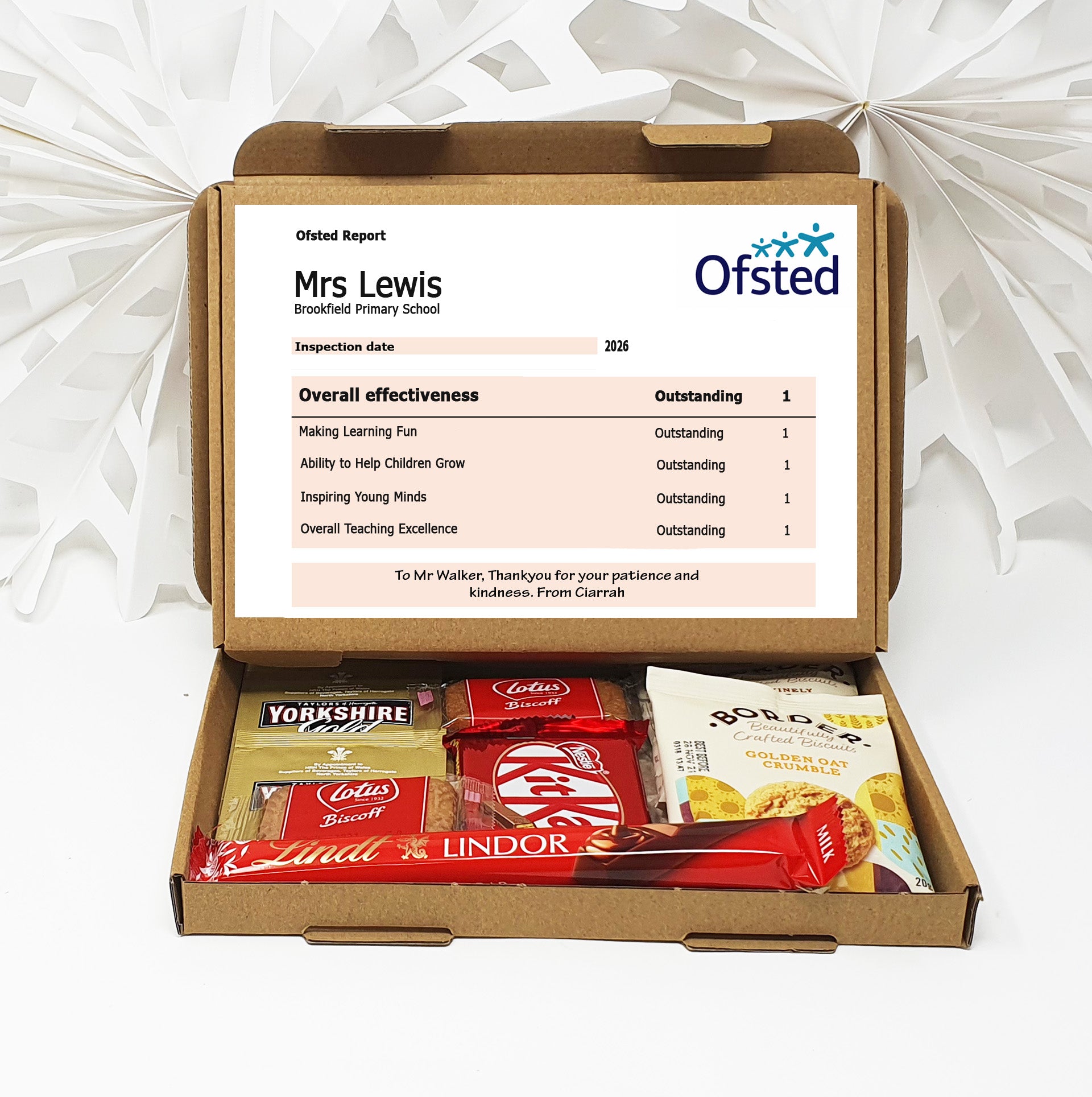 Personalised Teacher Thank You Gift Box – Ofsted-Style Report Hug in a box, Letterbox gift Afternoon tea, hamper gift, thank you chocolates and other options