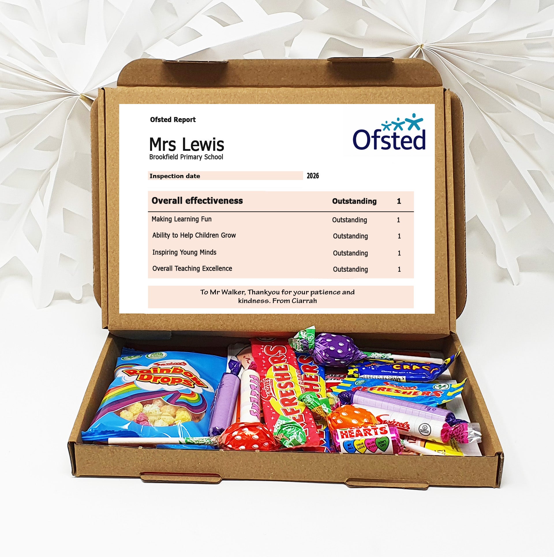Personalised Teacher Thank You Gift Box – Ofsted-Style Report Hug in a box, Letterbox gift Afternoon tea, hamper gift, thank you chocolates and other options