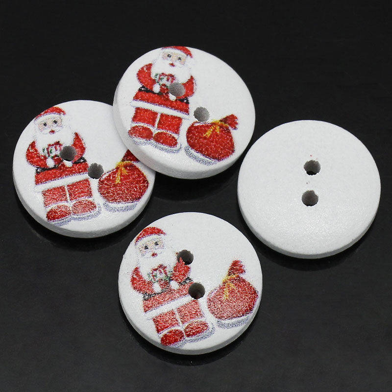 20 Santa Father Christmas painted wooded buttons 2 hole white printed button