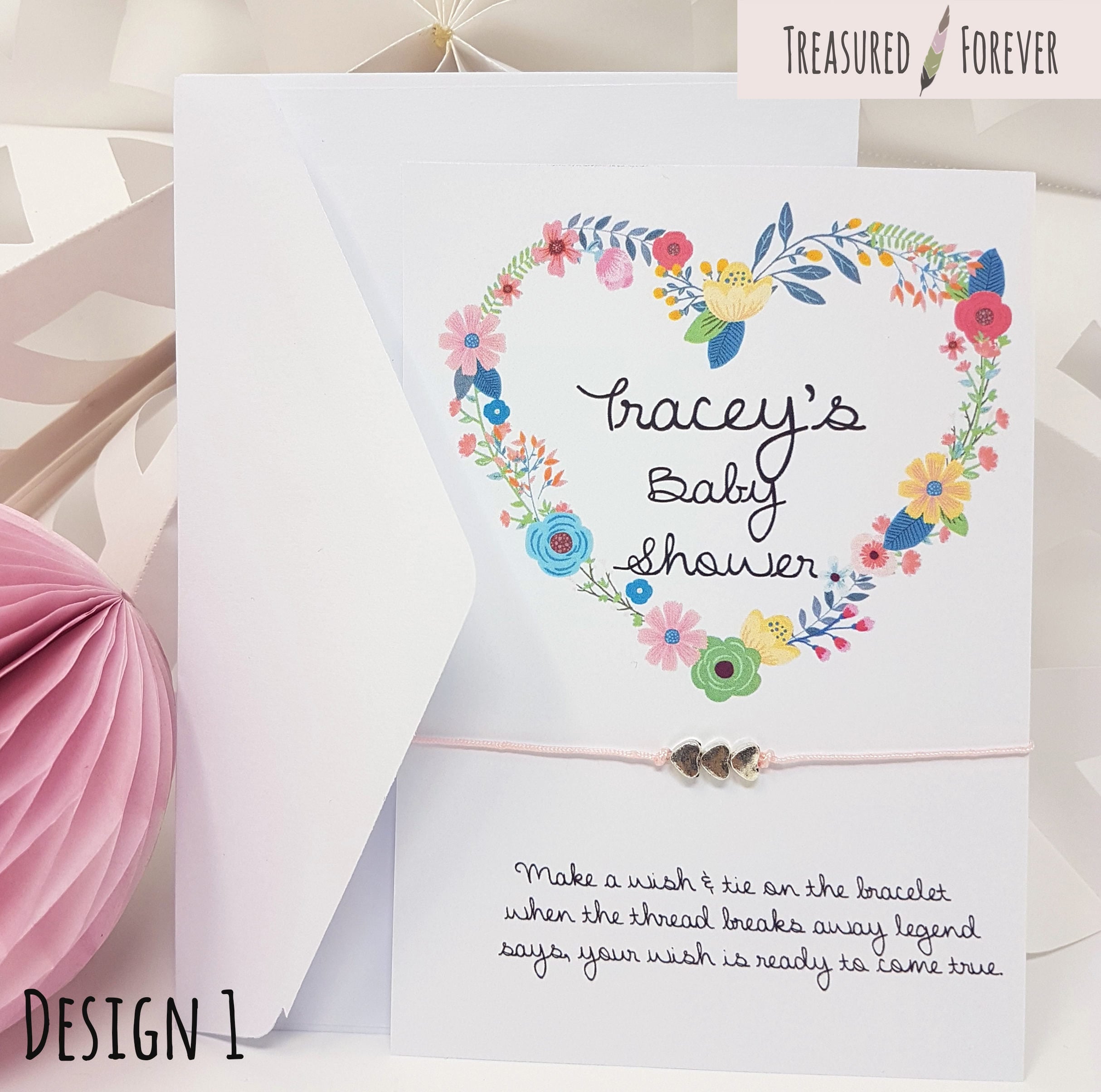 Wishing Bracelet Baby Shower Favour Floral Thank You Personalised Girl/Boy/Unisex