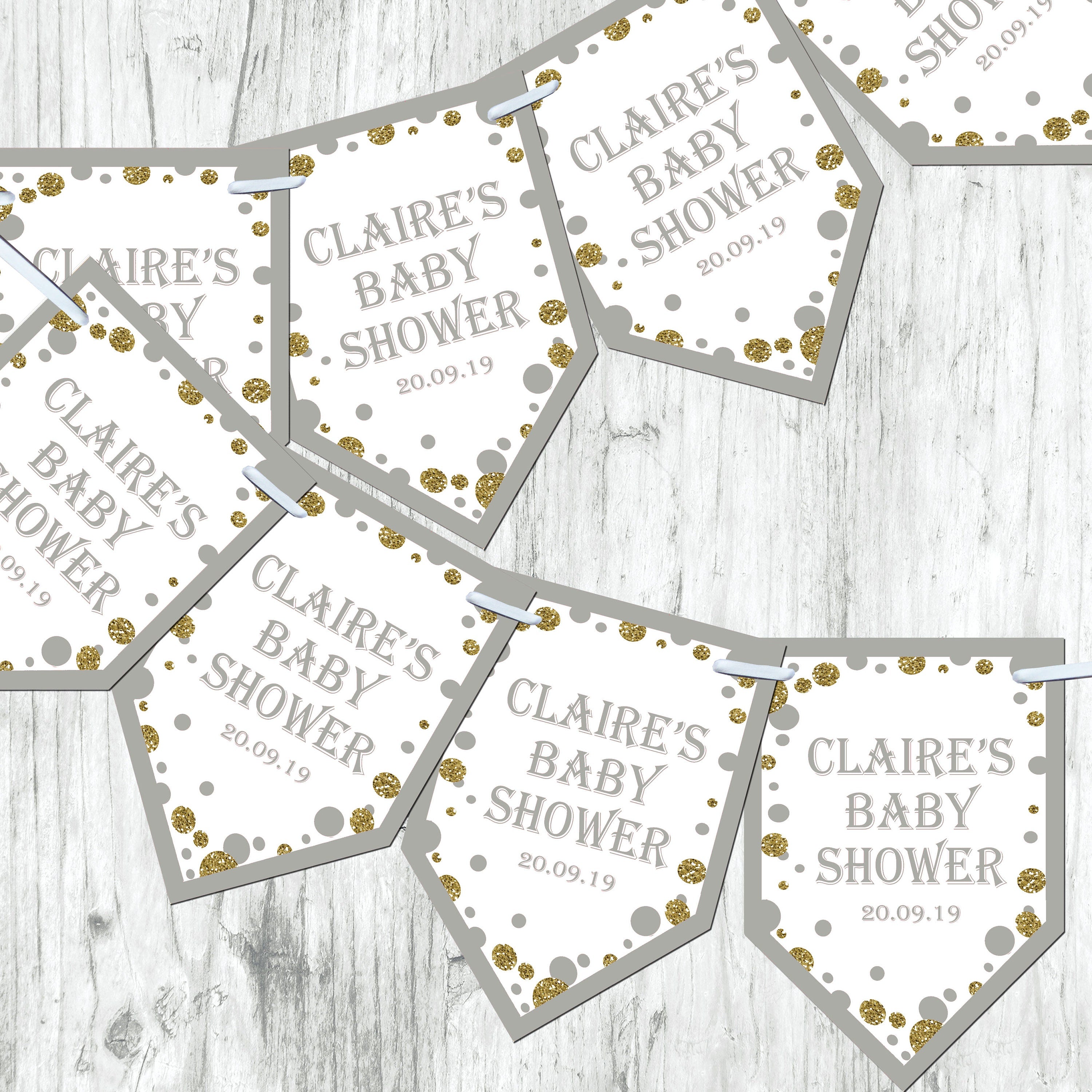 Personalised Blue Baby Shower Bunting Banner Decoration Chevron Flags Glitter Effect