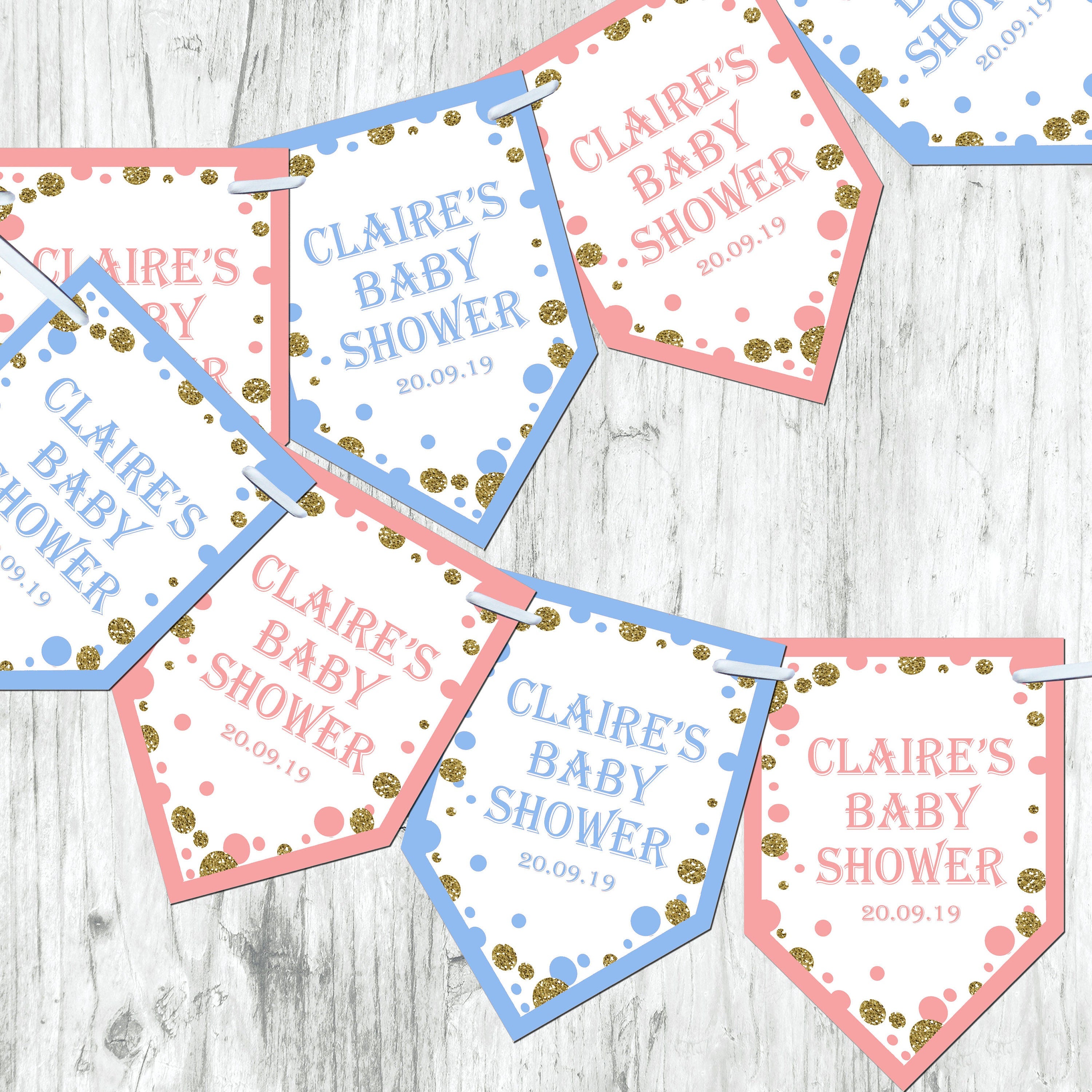 Personalised Blue Baby Shower Bunting Banner Decoration Chevron Flags Glitter Effect