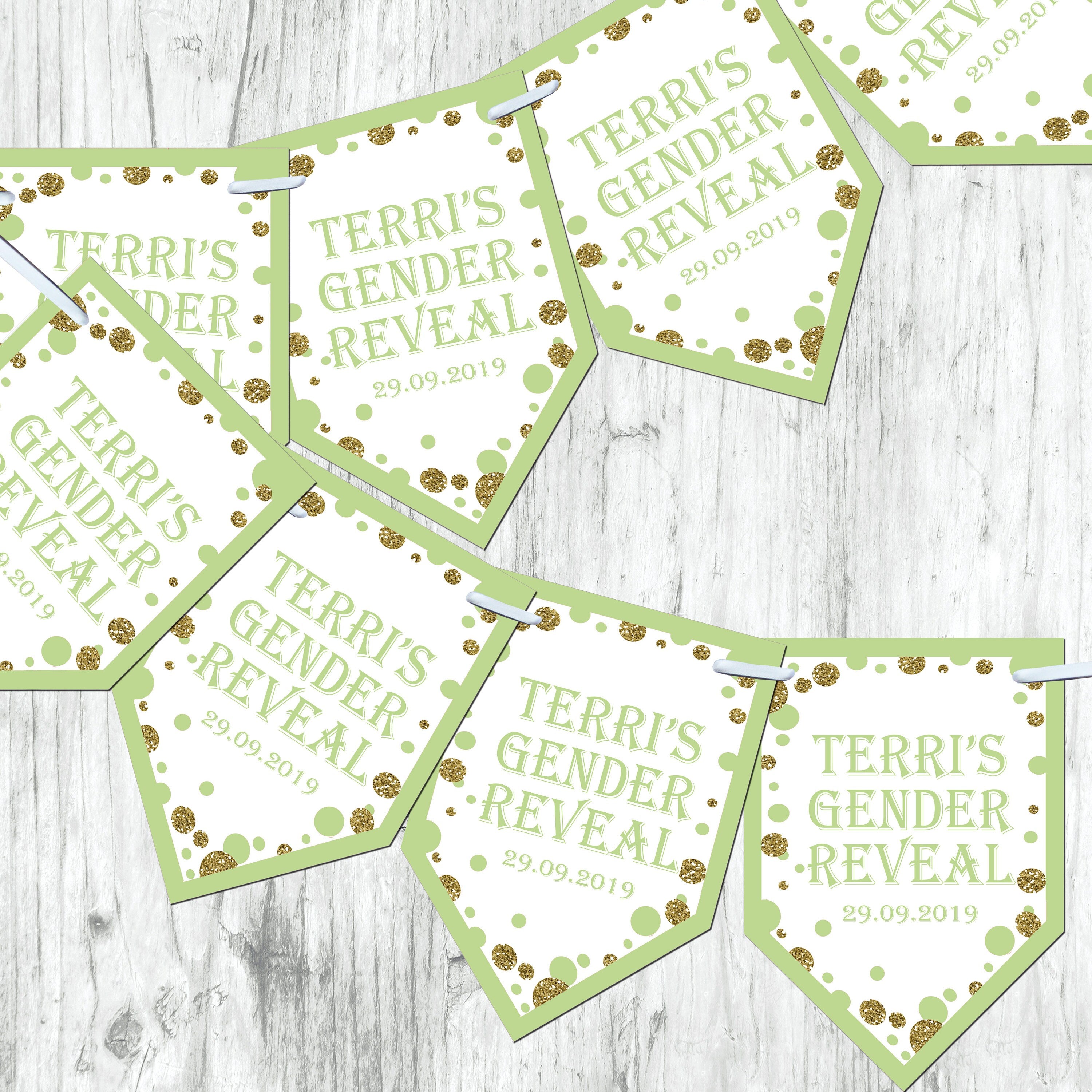 Personalised Gender Reveal Baby Shower Bunting Banner Decoration Chevron Flags Glitter Effect