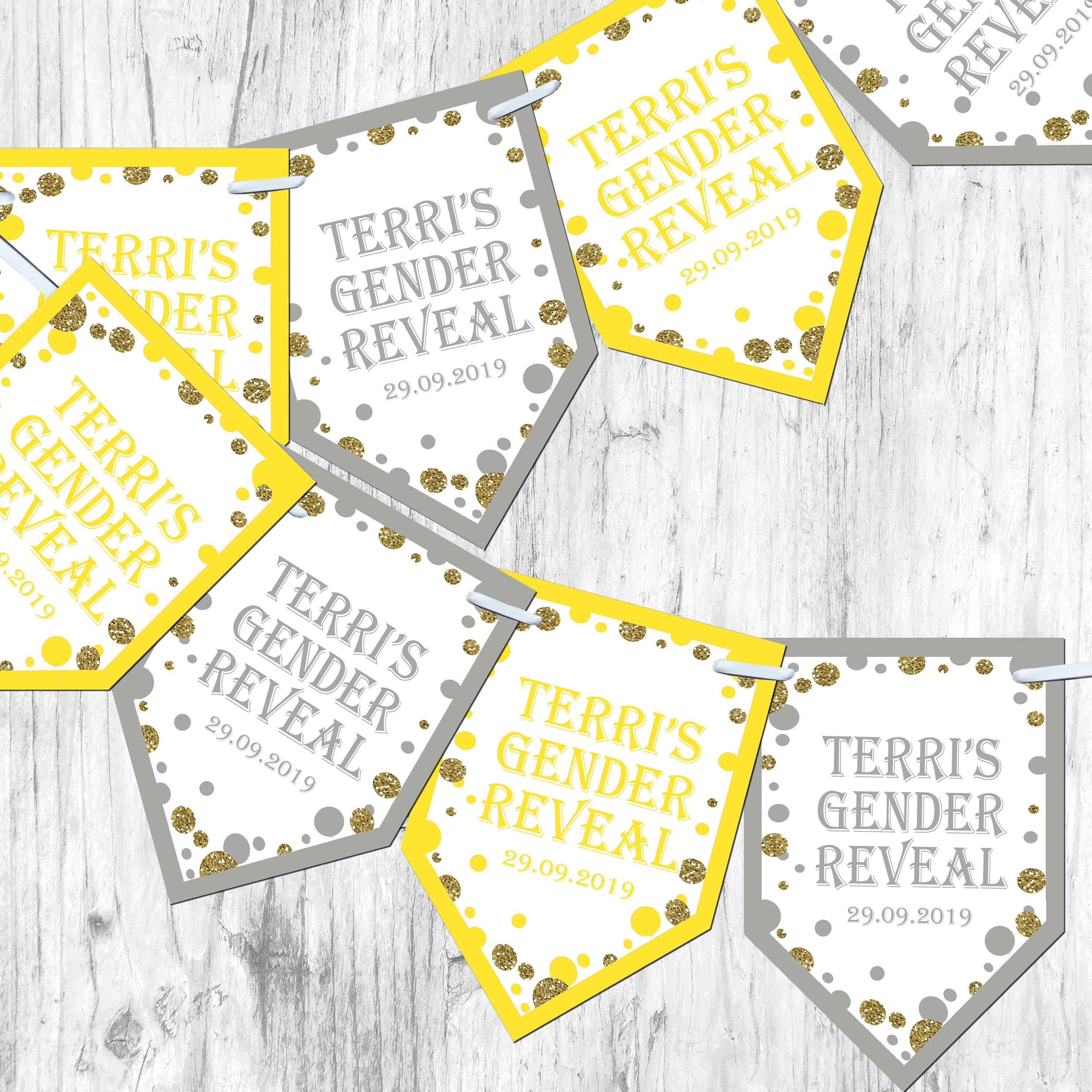 Personalised Gender Reveal Baby Shower Bunting Banner Decoration Chevron Flags Glitter Effect