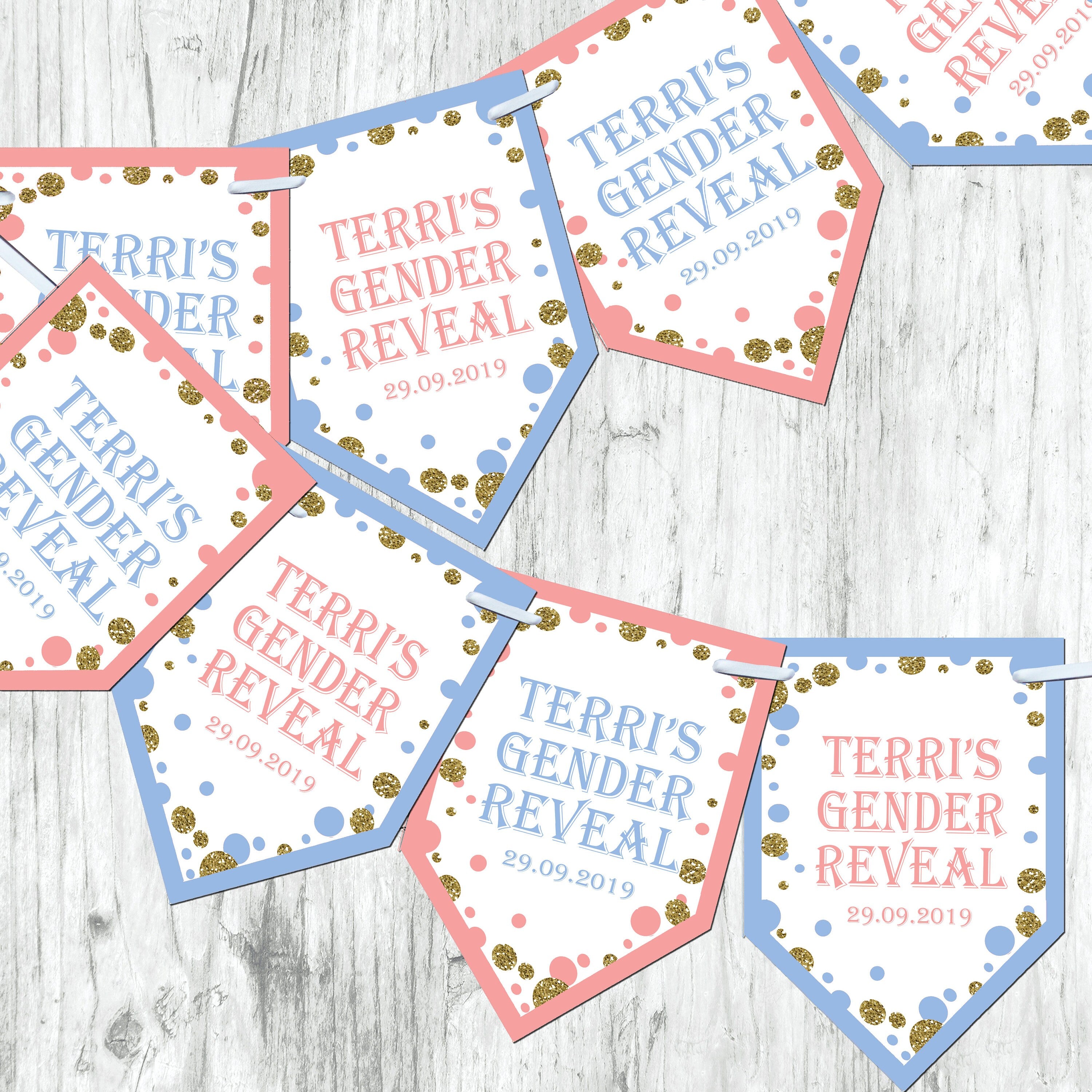 Personalised Gender Reveal Baby Shower Bunting Banner Decoration Chevron Flags Glitter Effect