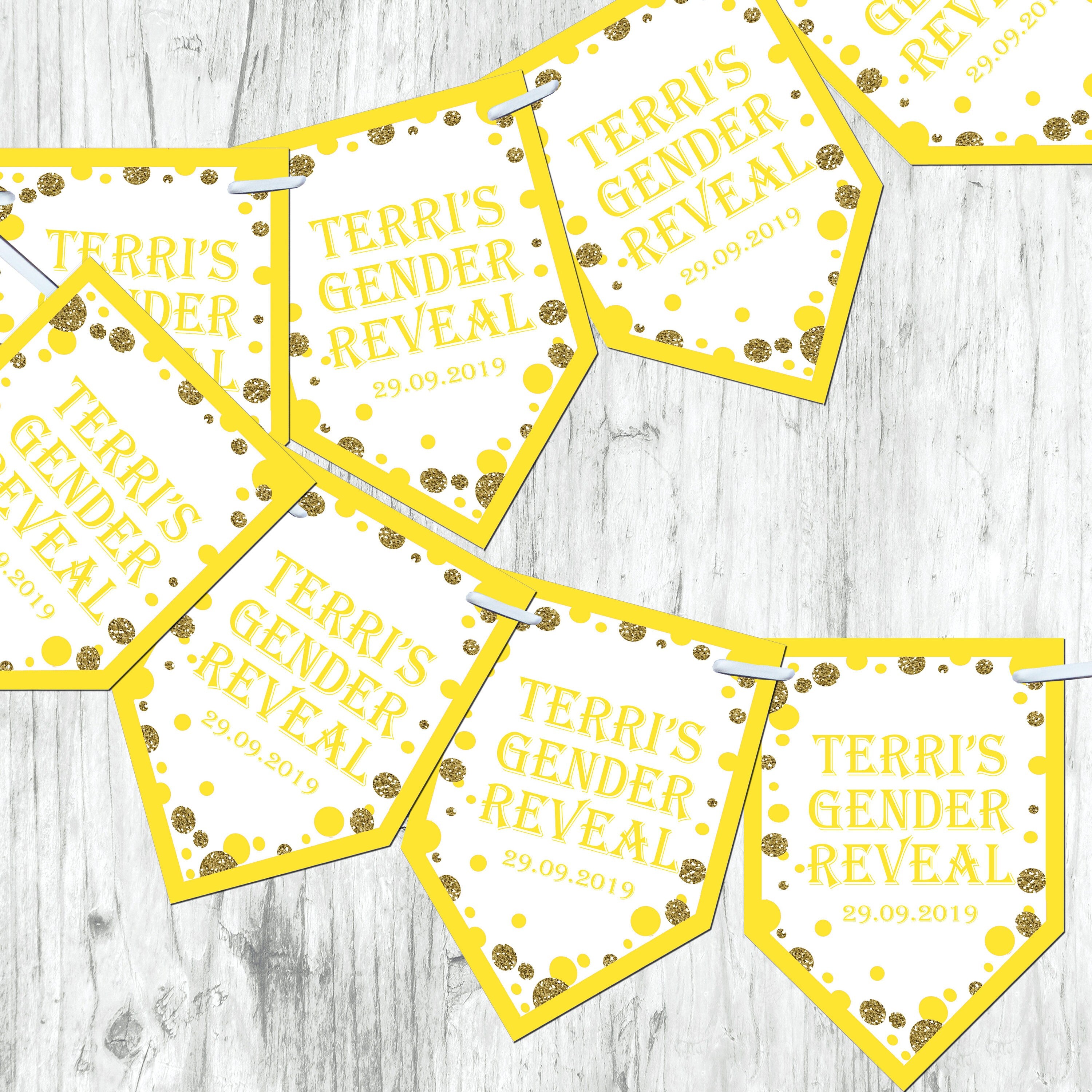 Personalised Gender Reveal Baby Shower Bunting Banner Decoration Chevron Flags Glitter Effect