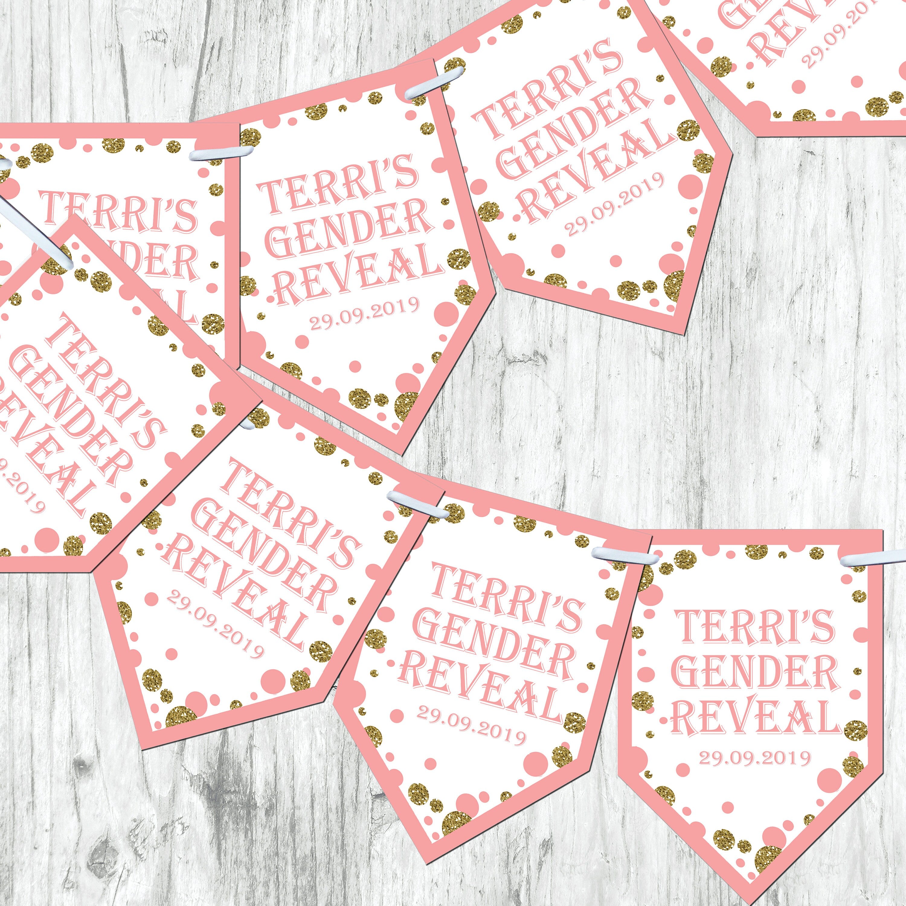 Personalised Gender Reveal Baby Shower Bunting Banner Decoration Chevron Flags Glitter Effect