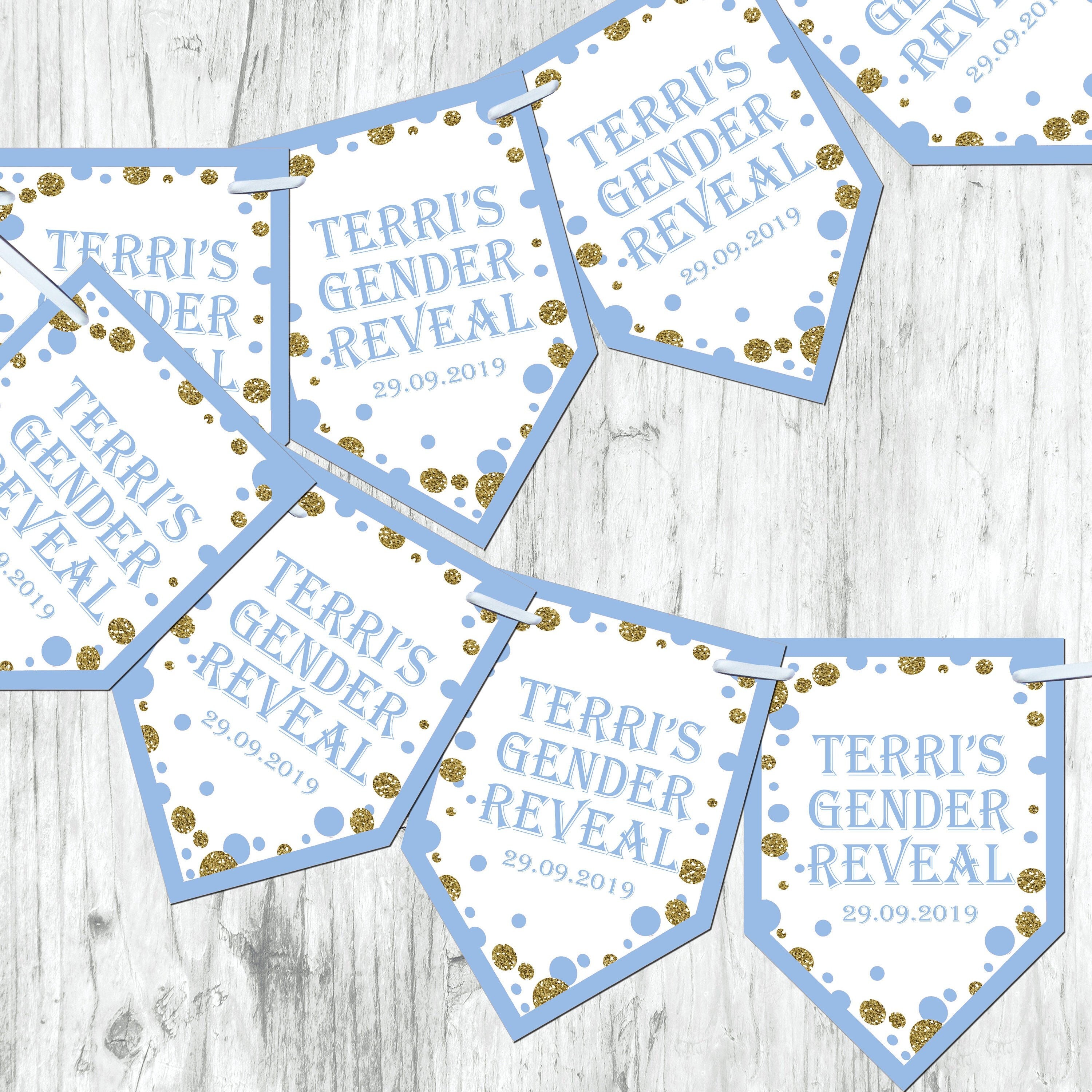 Personalised Gender Reveal Baby Shower Bunting Banner Decoration Chevron Flags Glitter Effect