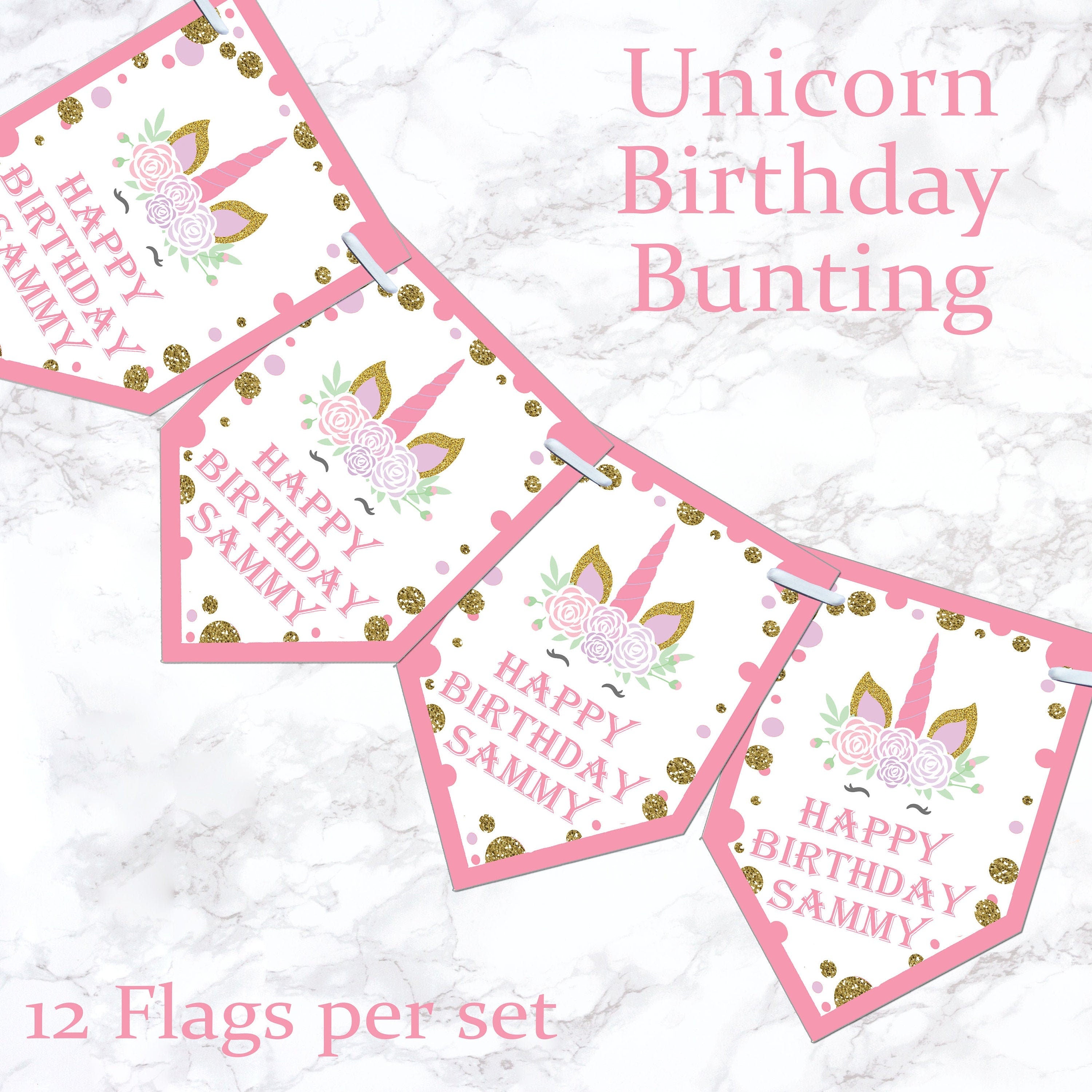 Personalised Unicorn Birthday Bunting Banner 5th 13th 16th 18th 21st- Various Colours