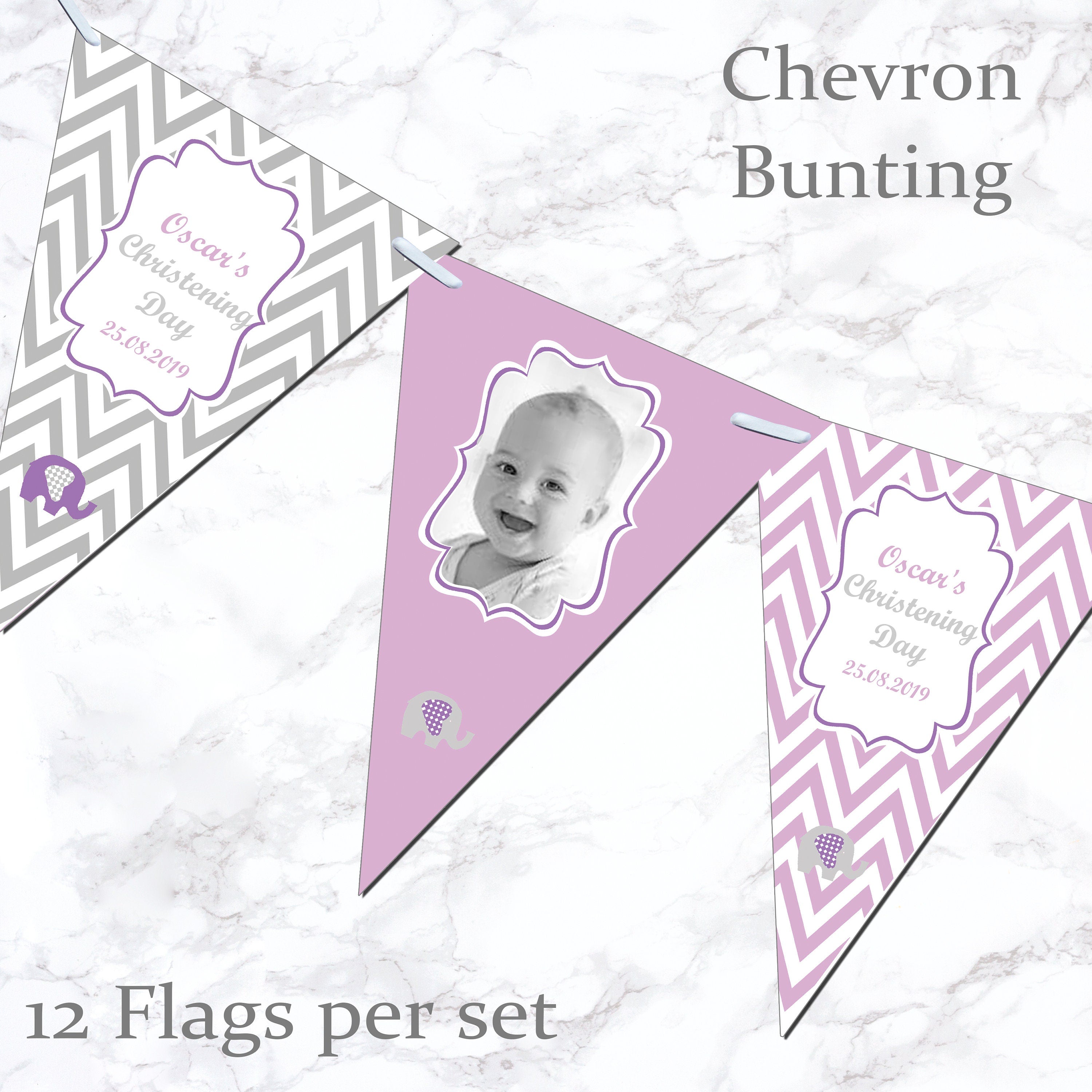 Personalised Christening Bunting Banner Party Decoration Chevron Flags