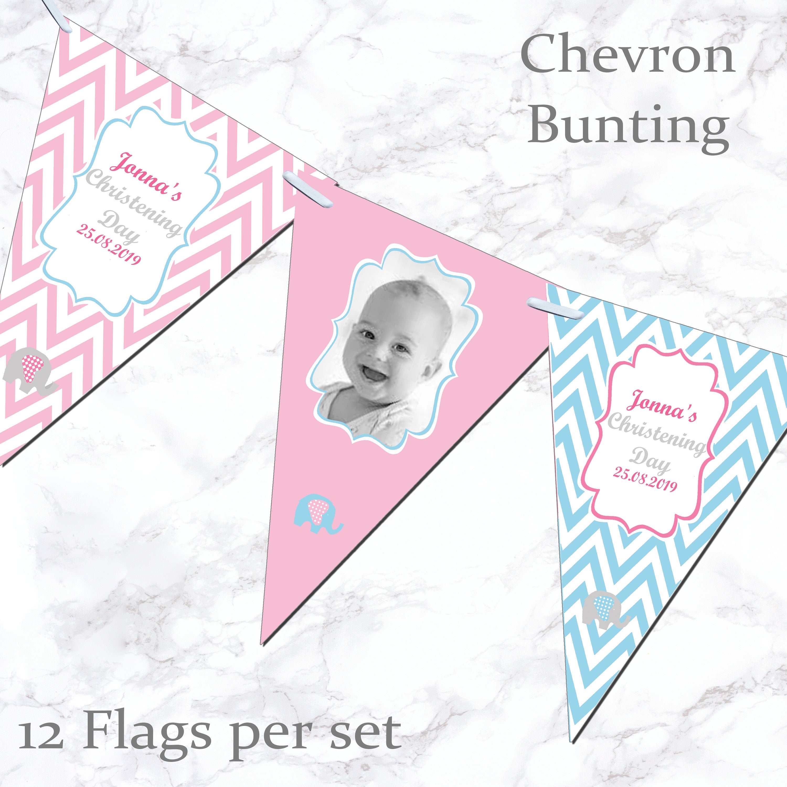Personalised Christening Bunting Banner Party Decoration Chevron Flags