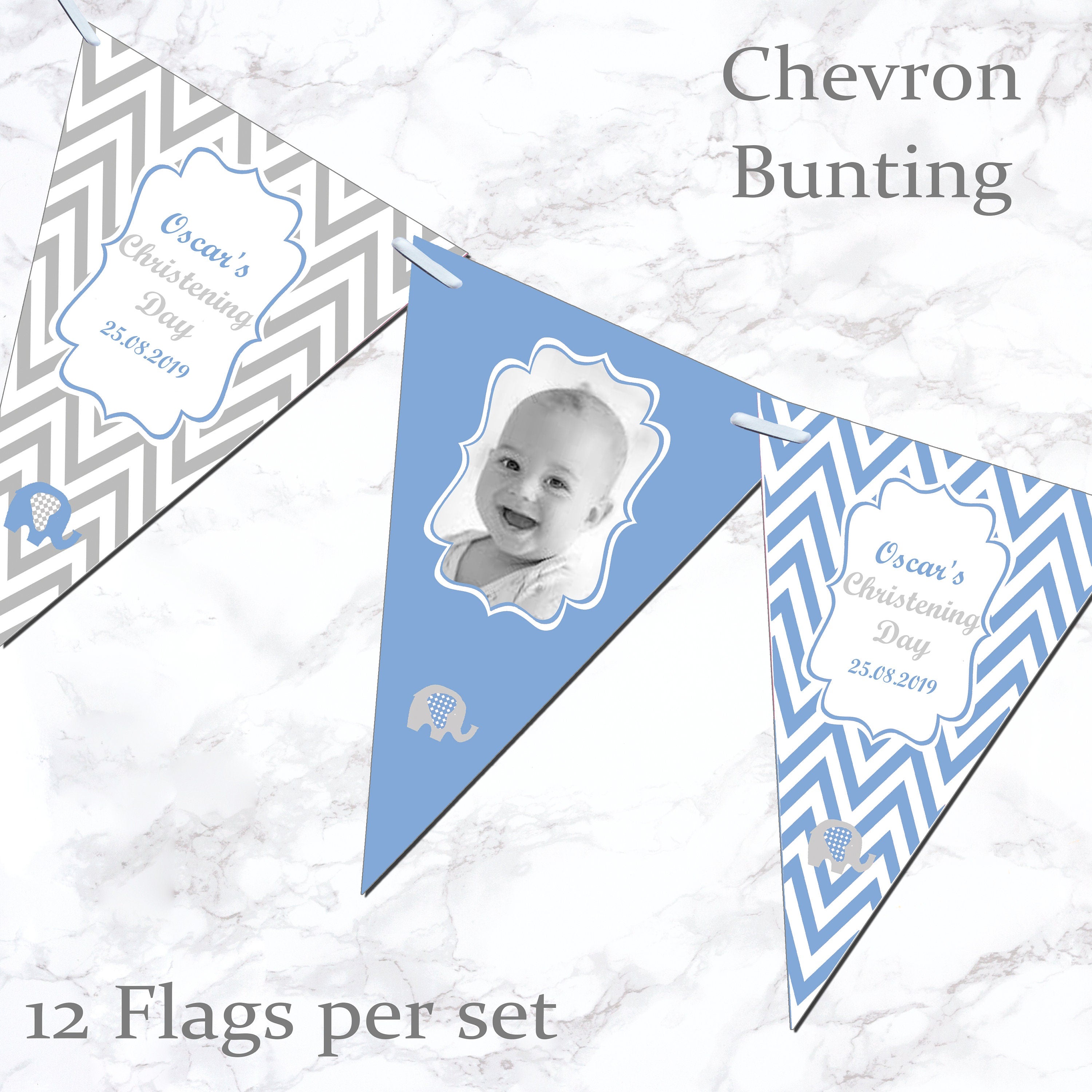 Personalised Christening Bunting Banner Party Decoration Chevron Flags