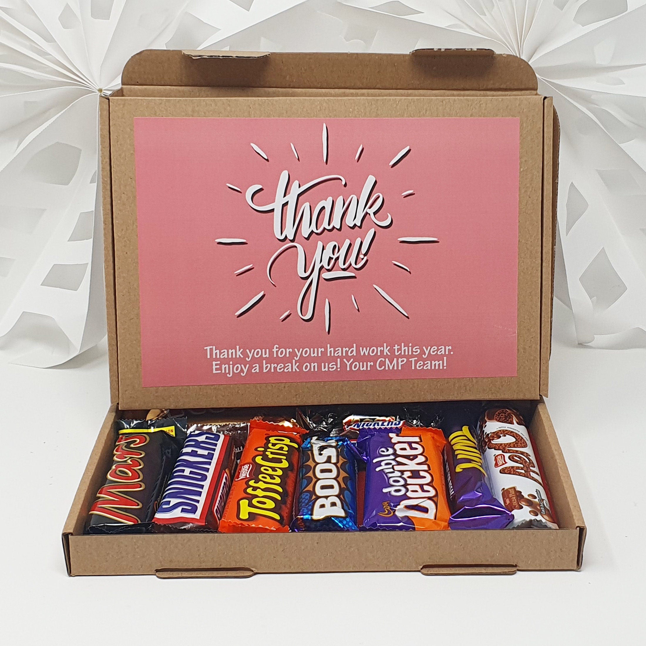 Personalised Chocolate Thank you Treats Box Gift Employee Appreciation - Gift for all ages Hug in a box Corporate Employee - Various content options